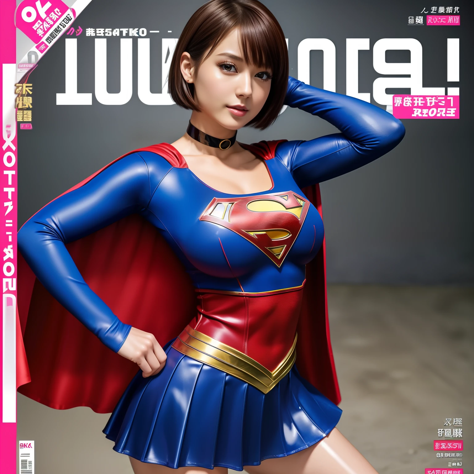 (Best Quality,4K,8K,hight resolution,masutepiece:1.2),Ultra-detailed,Realistic:1.37,Super masterpiece,Short-haired Supergirl、large full breasts、Looking at the camera、Glossy costume、a choker、Too short miniskirt、Cover of idol magazine