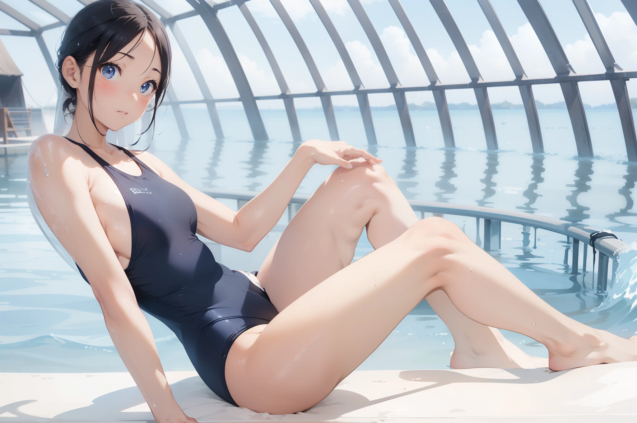 ((top-quality))、((​masterpiece))、1girl in、Formal-up、beautiful detailed eyes and face、pretty skin、a very cute、22year old、School swim wear(darkblue、Simple design、Matte texture、Realistic、Wrinkle、Glossy polyester material、A black、shadings、)Wet body、Anime Face、Beautie、Facing the front、big eye(Beautiful fece、Anime Face、Clear eyes、Fine details、Beautiful eyes)Well-formed face(Beautiful nasal muscles、Perplexed、sharp mouth)full of sweat、sodden、Wet feeling、Background with(sunny sky、takeout)、8K picture quality、perfectly proportions、A slender、red blush、female focus on, hair adornments,length hair, Look at viewers,