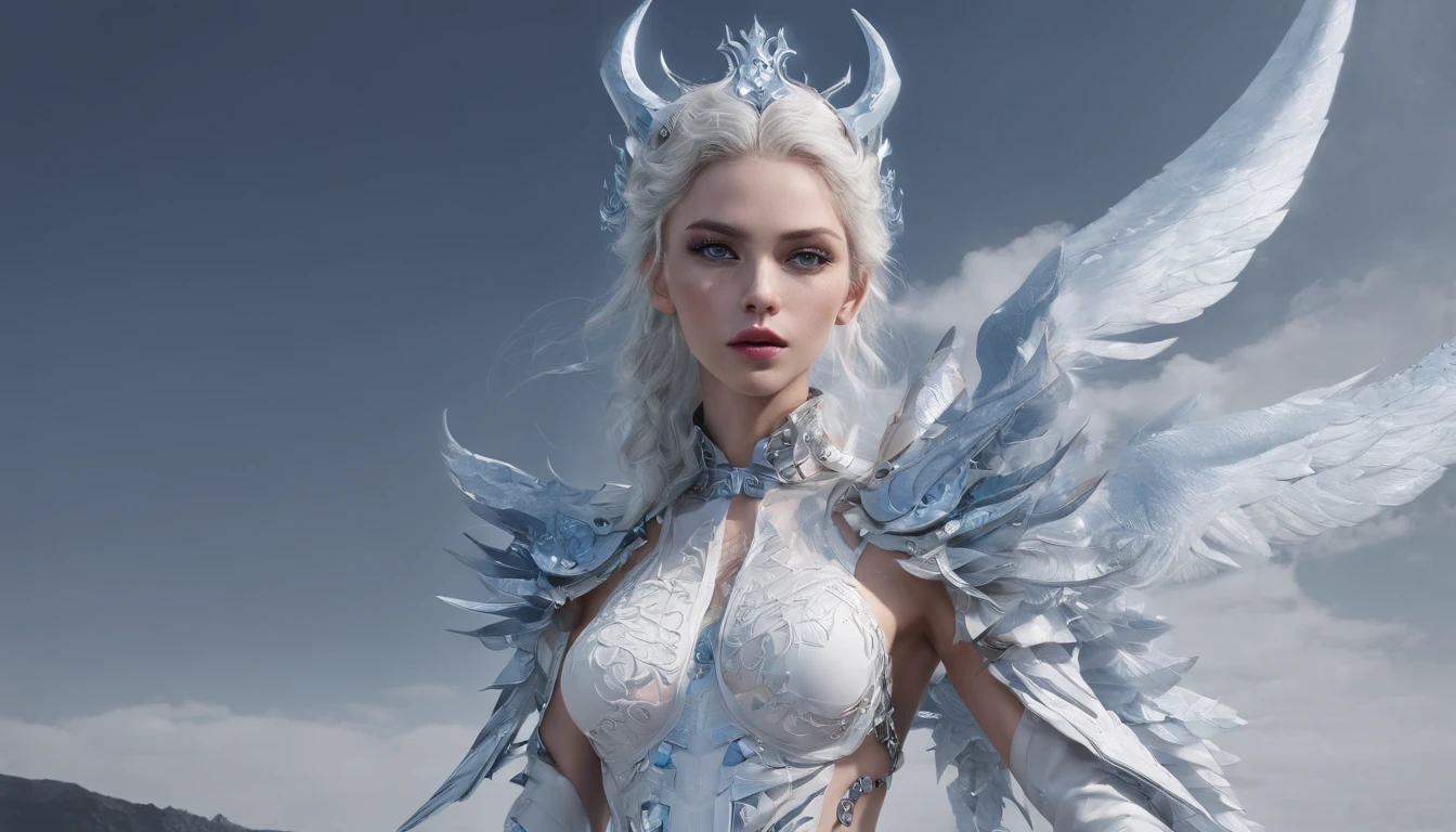 Luna Freya Knox Frey，Highest image quality，Outstanding details，超高分辨率，（Fidelity：1.4）, Favor the details，closeup cleavage，Ride a dragon，High-tech dragon knight mech，He has a delicate and beautiful face，（（Blue-white flying semi-mechanical fuselage：1.8）），Raised sexy，frontage，Cidade futuristica，Snow，themoon，mechanically aesthetic，Virtual Engine 5，Perfect detail rendering，rendering by octane，hyper HD