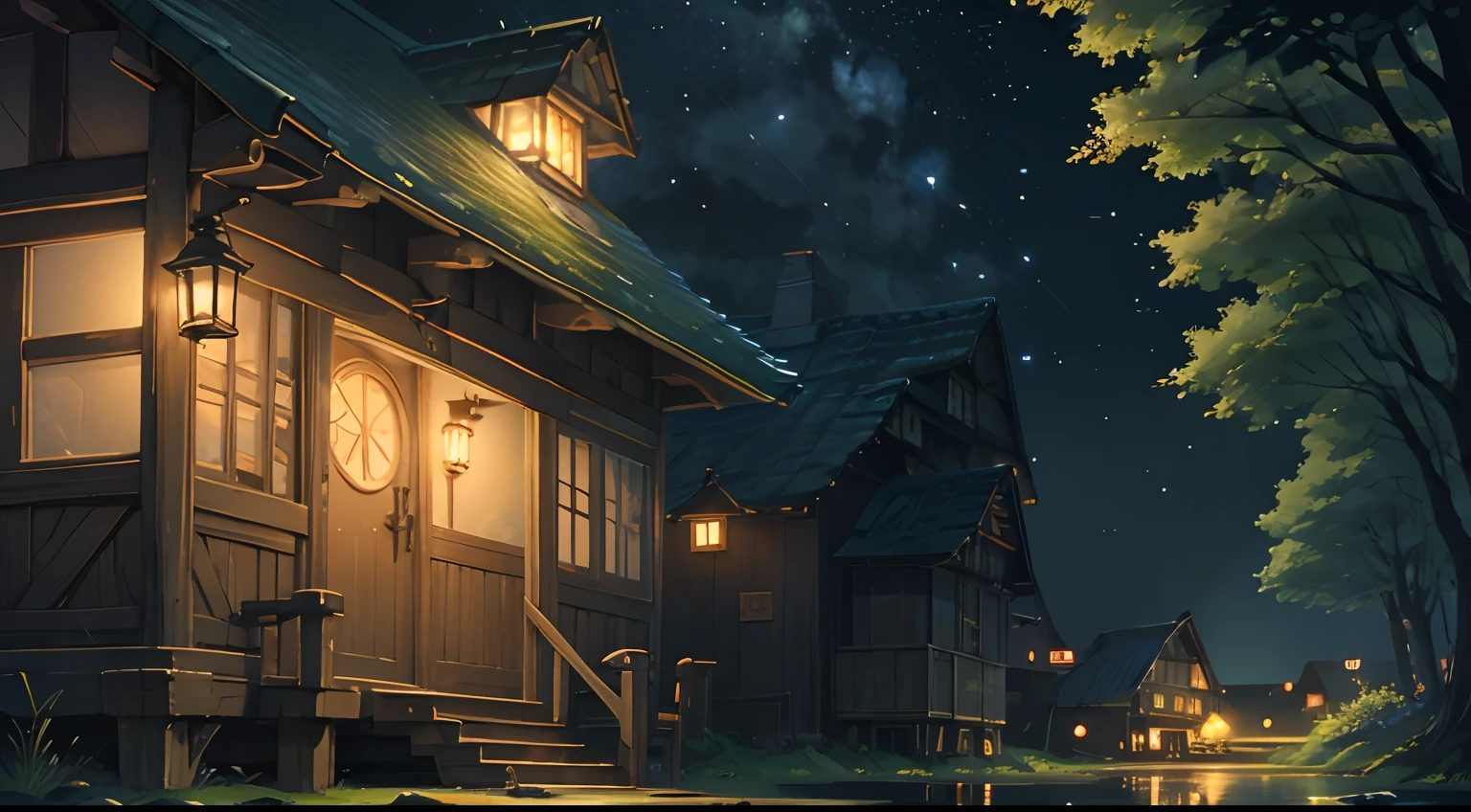 Swarm of fireflies、natta、lake、、Ghibli style