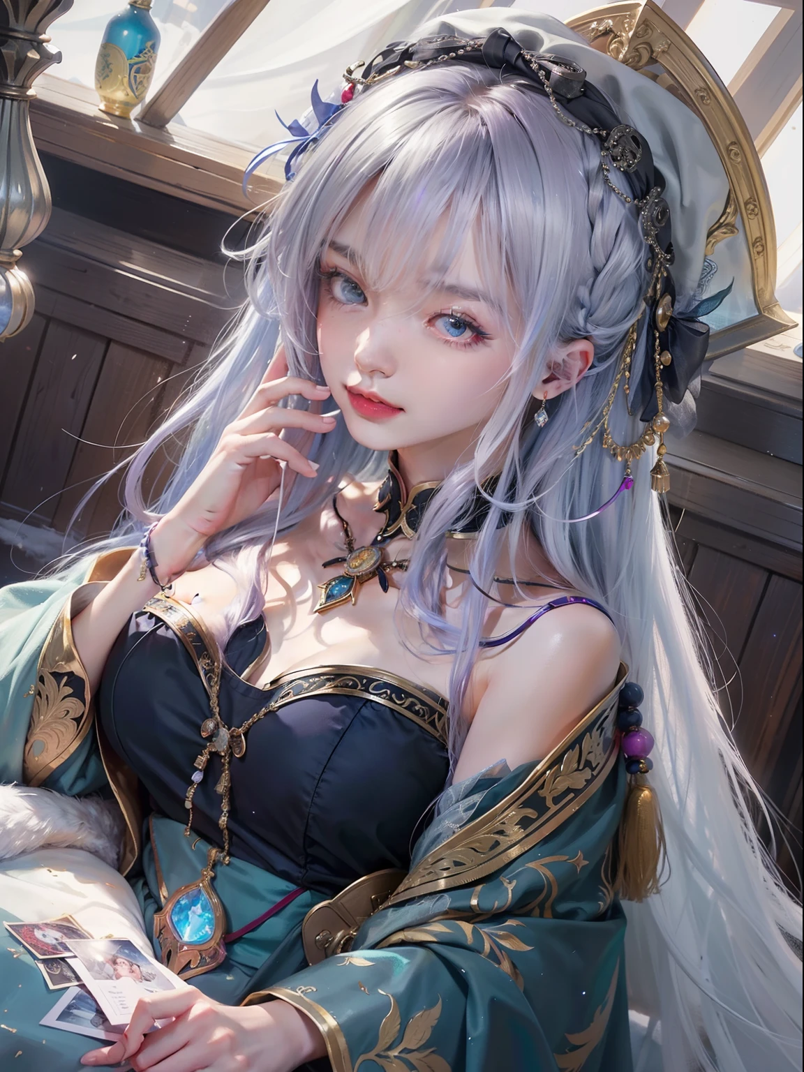 (tmasterpiece,top-quality,best qualityer,offcial art,Beauty and aesthetics:1.2),(1girll:1.3),wavy and long hair,light violet hair,The is very detailed,sportrait,looking at viewert,独奏,(full bodyesbian:0.6),detailedbackground,closeup cleavage,glowing light eyes,("Cold Arctic Winter" theme:1.1),A fortune teller man,quackery,pervert smirk,mistic,Colorful shoulderless loose gypsy fortune teller clothes,holy grail, tarot cards, crystal sphere, medieval times (interior of a tent:1.1) Background with, Tent curtains in the background, Dark and mysterious lights, shadowing, magical ambiance, star night,, Dutch angle,blackstockings