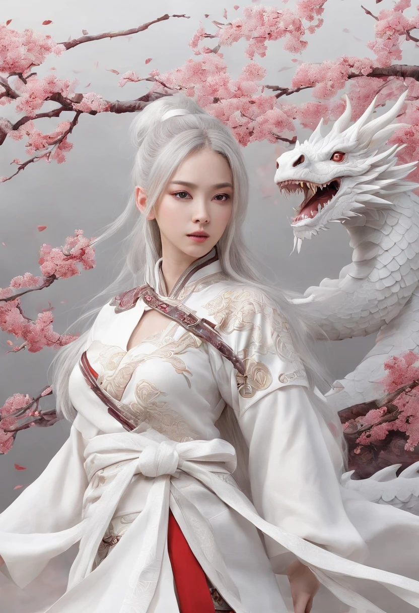 Luna Freya Knox Frey,High-tech dragon knight mech,mechanically aesthetic,Virtual Engine 5,rendering by octane,hyper HD,动态照明,art stations,poster for,Volumetriclighting,Very detailed faces,4k wallpapers,He has a delicate and beautiful face,long hair flowing,horse tailed,Fringed Hair Ornament,Dynamic perspective,White Hanfu,White gauze flying,red waistband,Sexy,Tradition Chinese Ink Painting,Surrounded by clouds,cherry blossom,fog atmosphere,Ride a white dragon,White dragon horn,dynamic viewing angle,电影灯光