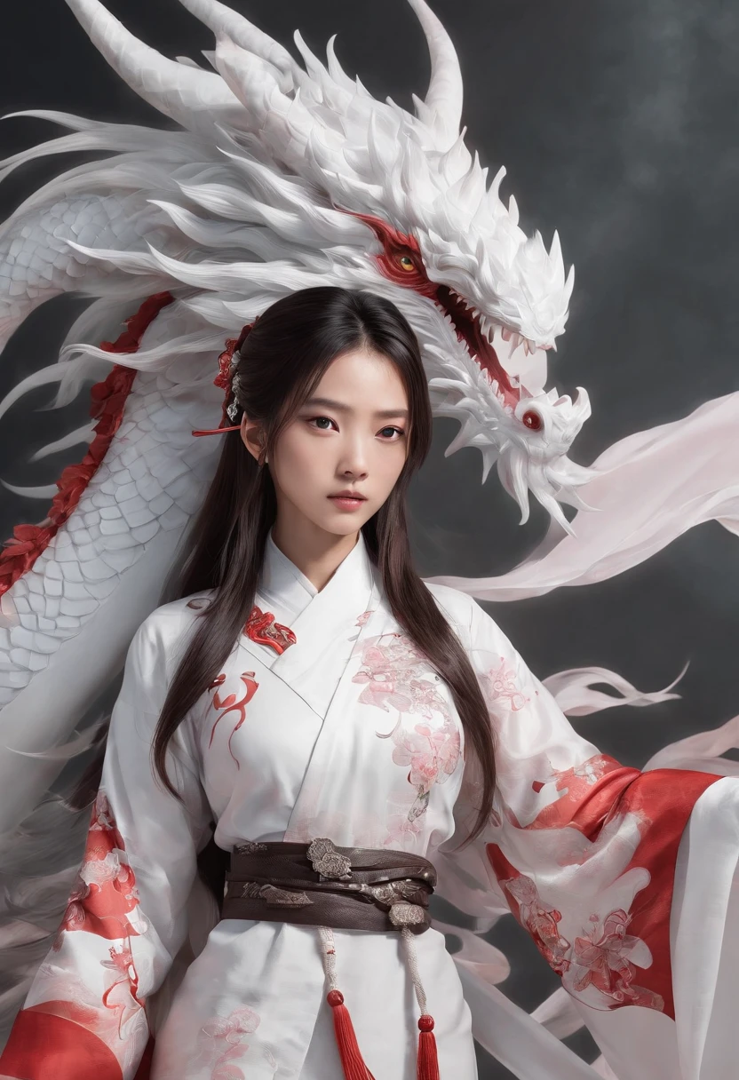 Luna Freya Knox Frey，High-tech dragon knight mech，mechanically aesthetic，Virtual Engine 5，rendering by octane，hyper HD，动态照明，art  stations，poster for，Volumetriclighting，Very detailed faces，4k wallpapers，He has a delicate and beautiful face，long hair flowing，horse tailed，Fringed Hair Ornament，Dynamic perspective，White Hanfu，White gauze flying，red waistband，Sexy，Tradition Chinese Ink Painting，Surrounded by clouds，cherry blossom，fog atmosphere，Ride a white dragon，White dragon horn，dynamic viewing angle，电影灯光