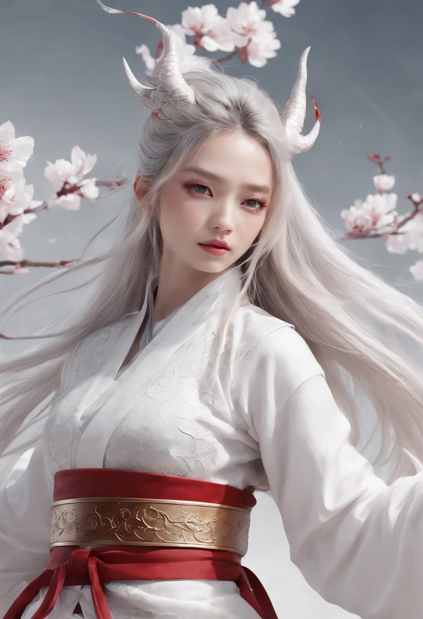 Luna Freya Knox Frey,High-tech dragon knight mech,mechanically aesthetic,Virtual Engine 5,rendering by octane,hyper HD,动态照明,art stations,poster for,Volumetriclighting,Very detailed faces,4k wallpapers,He has a delicate and beautiful face,long hair flowing,horse tailed,Fringed Hair Ornament,Dynamic perspective,White Hanfu,White gauze flying,red waistband,Sexy,Tradition Chinese Ink Painting,Surrounded by clouds,cherry blossom,fog atmosphere,Ride a white dragon,White dragon horn,dynamic viewing angle,电影灯光