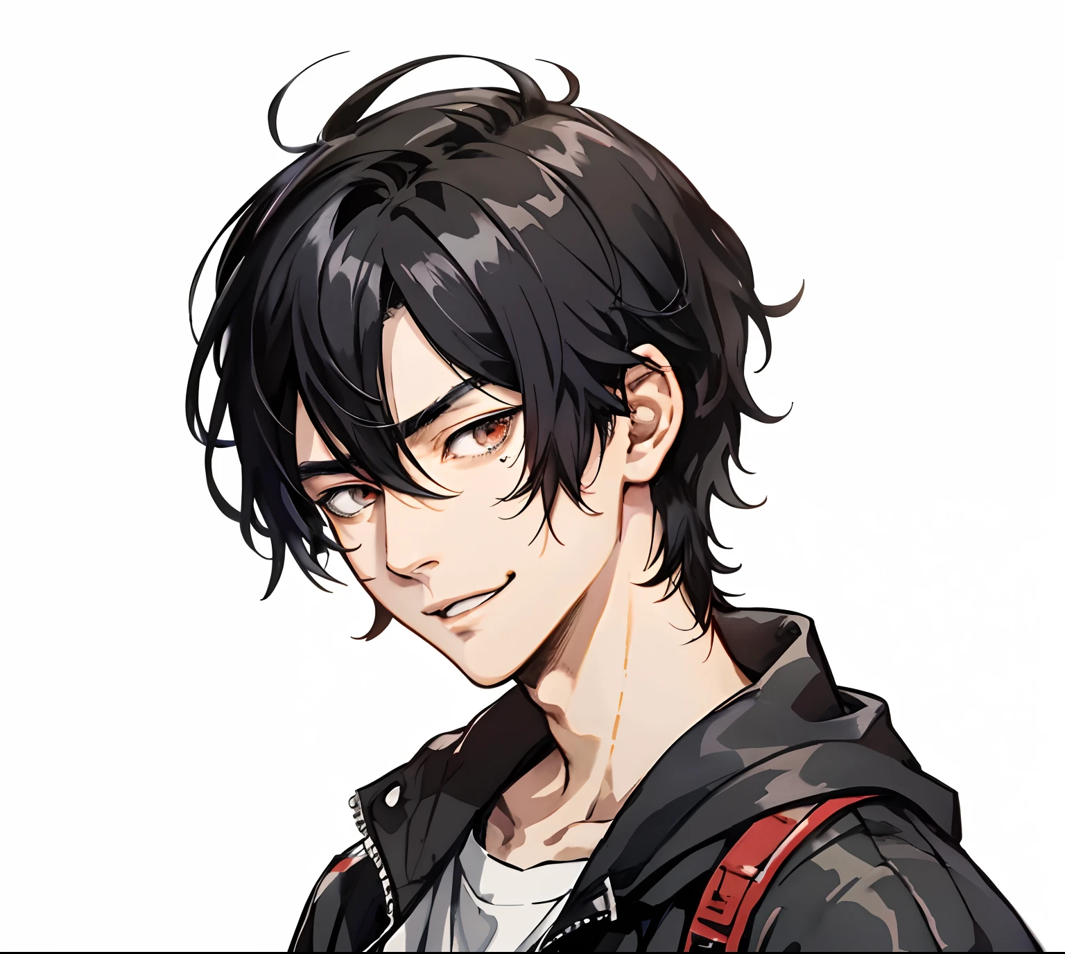 Black haired anime boy, young anime man, Anime portrait of a handsome man, portrait of eren yeager, [[[[grinning evily]]]], shigenori soejima illustration, Anime handsome man, male anime character, handsome guy in demon killer art, ( ( ( yoshinari yoh ) ) )