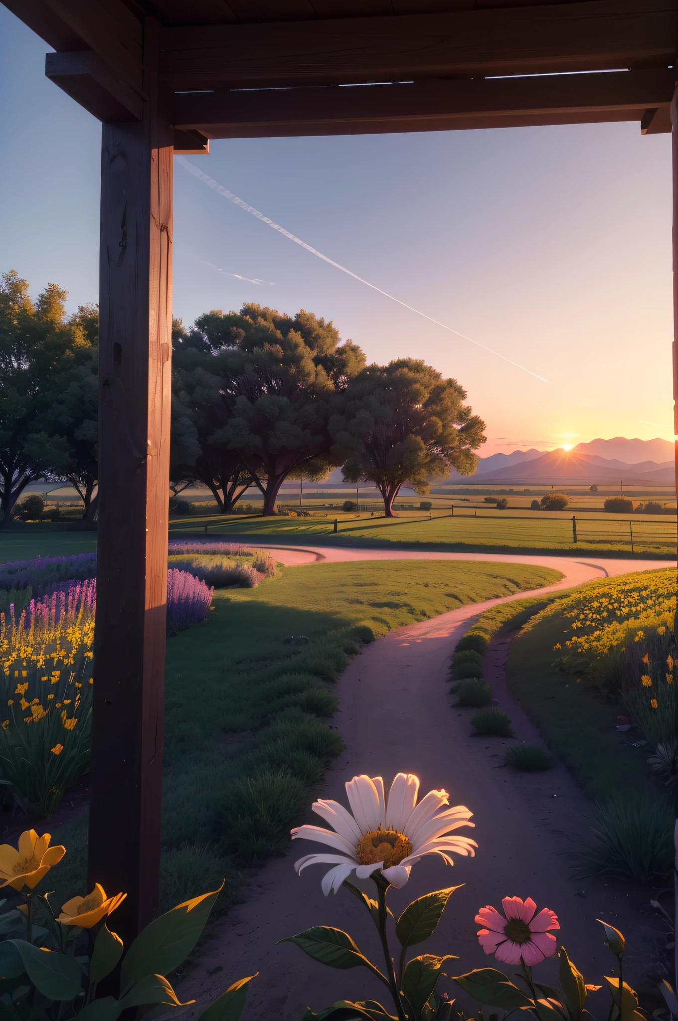 ( UHD ), ( 8K ), ( Perfect ambient lighting ), ( Cores Vivas ), ( Building the Perfect Setting ), ( Textura Real ), Campo florido, cheio de flores, campo enorme, Beautiful view of the sunset.