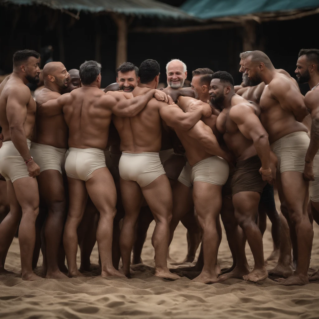 Foto RAW de corpo inteiro, Large group of muscular men over the age of 45 wearing a dirty white athletic support and worn with bulge, hugging each other, rosto florido (parede suja no fundo), (pele altamente detalhada: 1.2), 8k uhd, dslr, soft-lighting, alta qualidade, film granulation, Fujifilm XT3, corpo inteiro, vista do solo