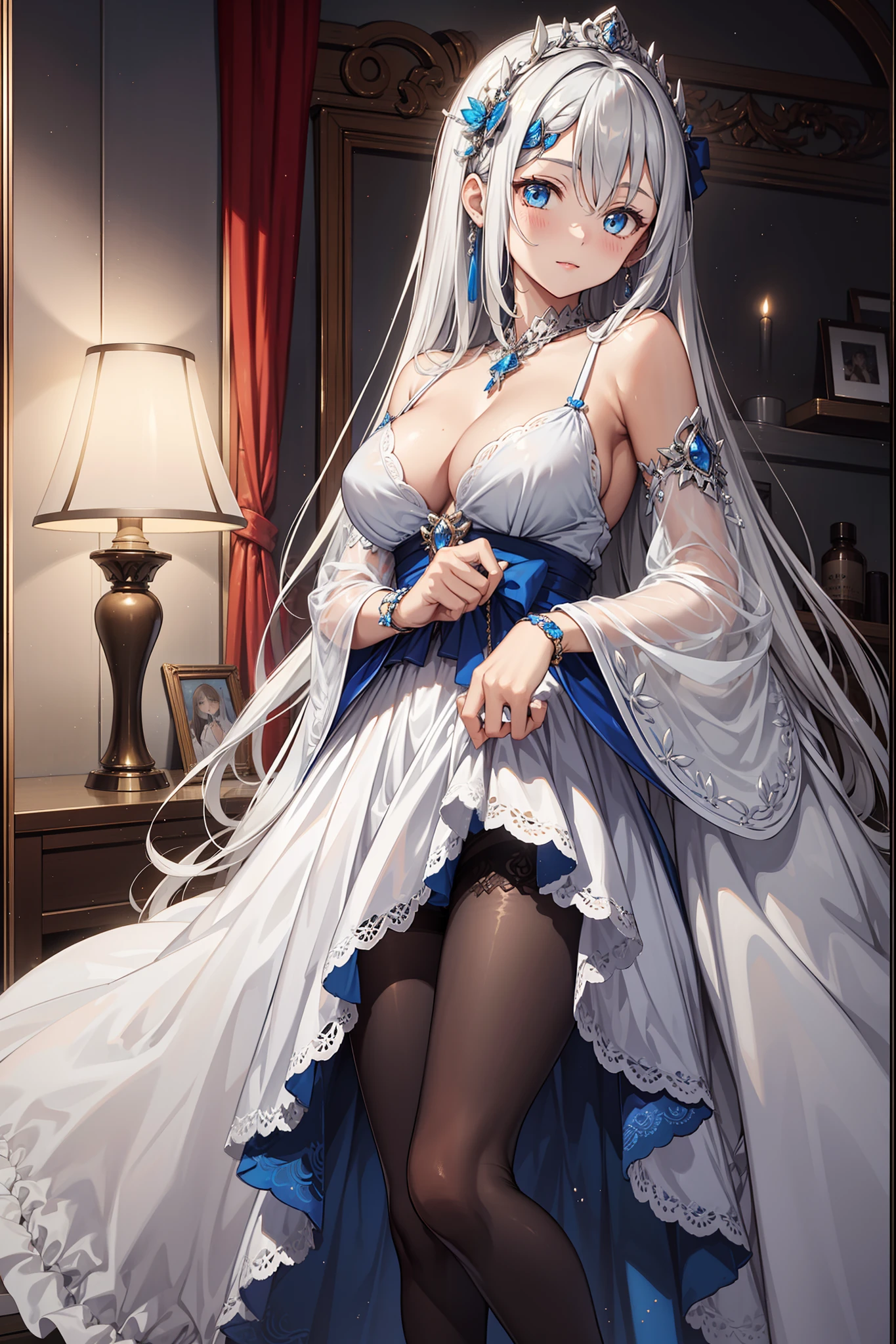 s girl,divino,(Best quality,4K,8K,A high resolution,Masterpiece:1.2),Ultra-detailed,Seductive pose,having fun,divino,(Western magic white dress),silber hair,eBlue eyes,see-through transparent clothes,Delicate hair accessories,Transparent lace,Sky blue texture,Late at night,exquisite costumes,Bedrooms,solo person,Carved pantyhose