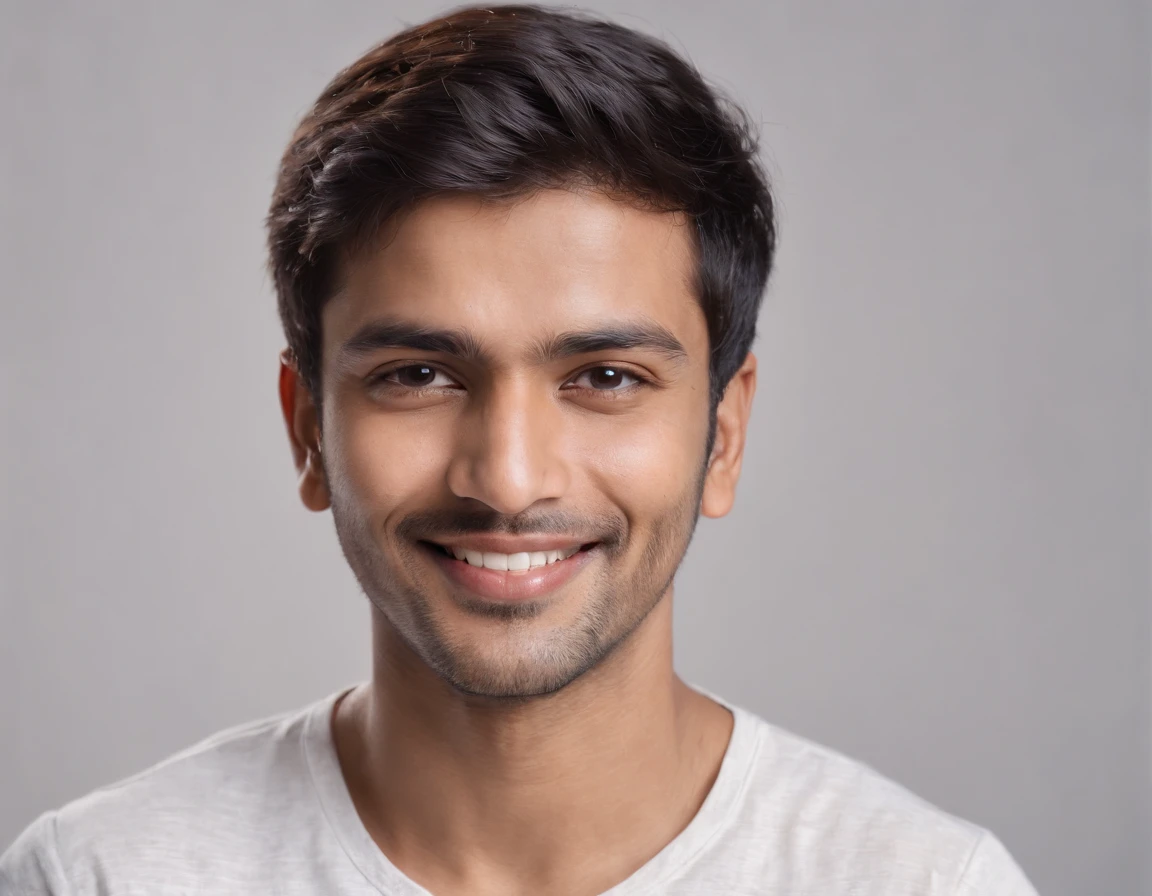 ((Indian man)), (Indian man), (Photo: 1.3) af (photorealism: 1.3), frontal close-up, soft light, clear face, happy, cheerful, warm light, white T-shirt, ( Gray and white background), (blank background), (gray wall background) avatar, (short hair), smile, short hair, smile, (close-up)