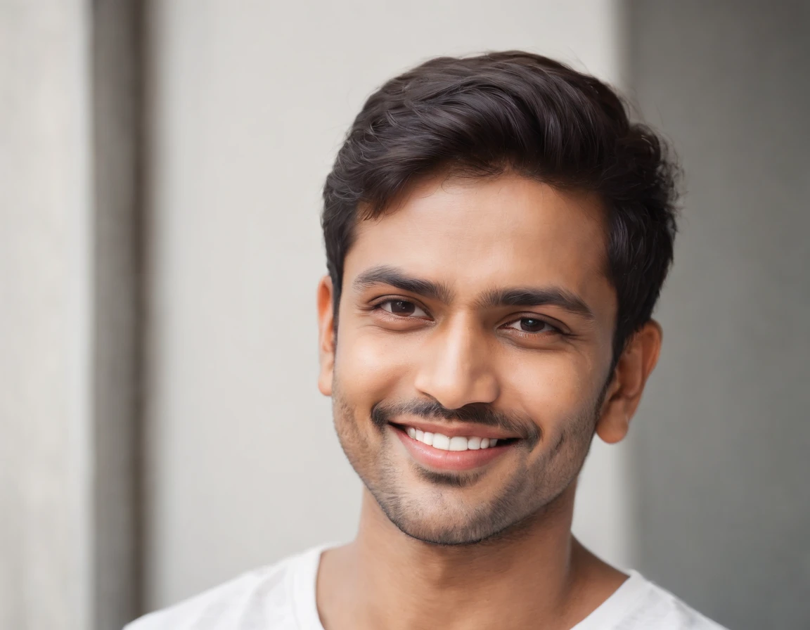 ((Indian man)), (Indian man), (Photo: 1.3) af (photorealism: 1.3), frontal close-up, soft light, clear face, happy, cheerful, warm light, white T-shirt, ( Gray and white background), (blank background), (gray wall background) avatar, (short hair), smile, short hair, smile, (close-up)