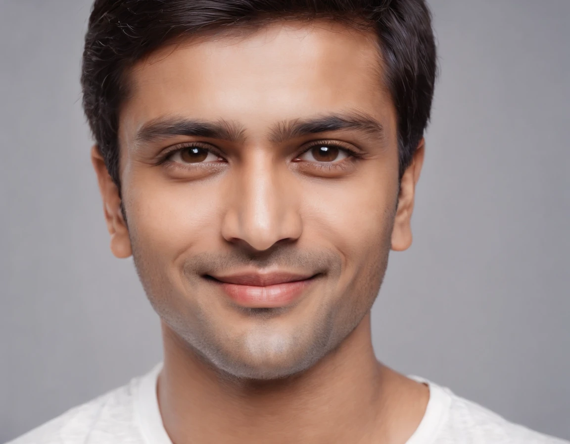 ((Indian man)), (Indian man), (Photo: 1.3) af (photorealism: 1.3), frontal close-up, soft light, clear face, happy, cheerful, warm light, white T-shirt, ( Gray and white background), (blank background), (gray wall background) avatar, (short hair), smile, short hair, smile, (close-up)