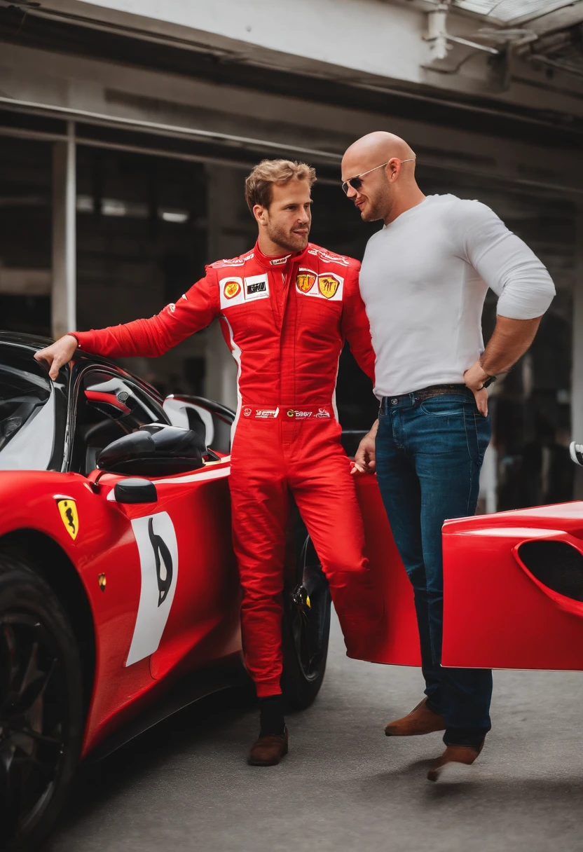 Muscular Active Gay Sebastian Vettel in Red Ferrari Racing Jumpsuit and His Boyfriend Passive Gay Bald Jock in T-shirt and Jeans