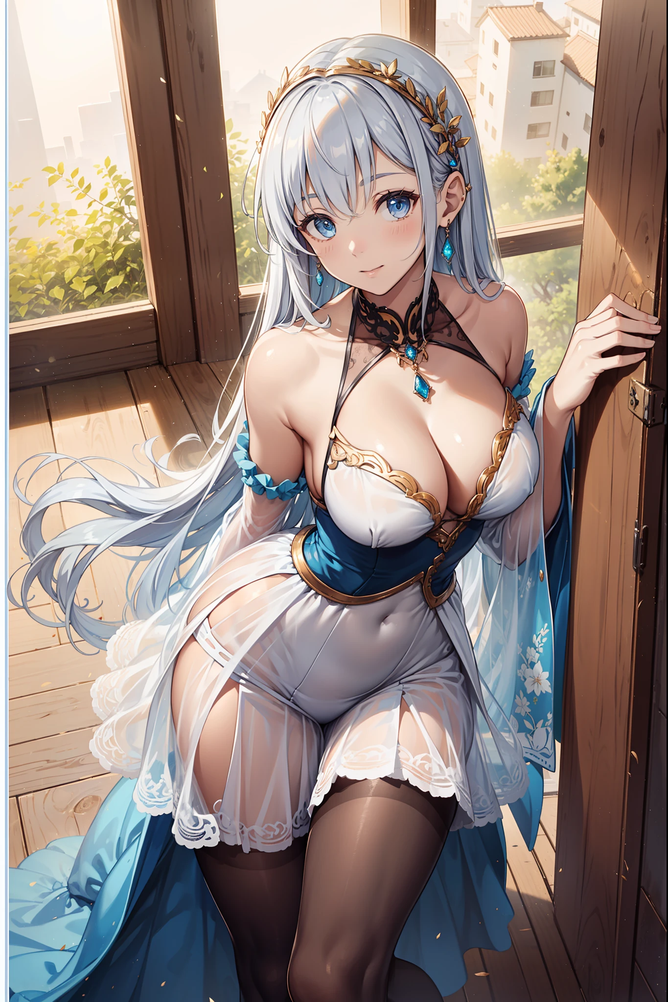 s girl,divino,(Best quality,4K,8K,A high resolution,Masterpiece:1.2),Ultra-detailed,Seductive pose,having fun,divino,(Western magic white dress),silber hair,eBlue eyes,see-through transparent clothes,Delicate hair accessories,Transparent lace,Sky blue texture,Late at night,exquisite costumes,Bedrooms,solo person,Carved pantyhose