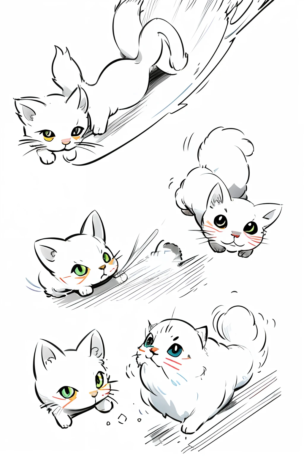 Jumping kittens,Rolling,Bite something,Roll,standing on your feet,Pet kittens,Only lines,flat linework,Simple lines