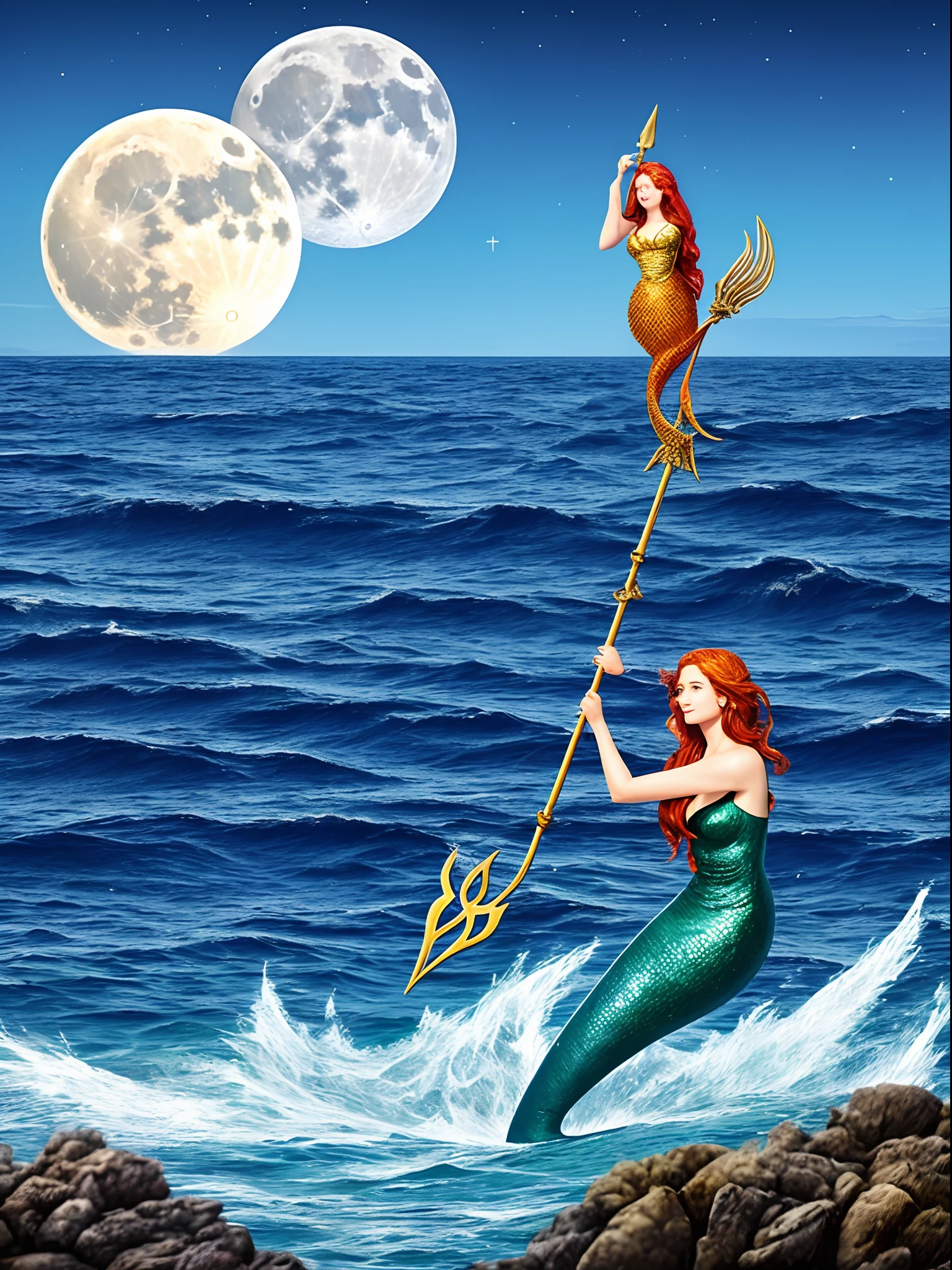 Backed by the sea，A bright moon，A mermaid holds a trident spear，The sea churns along its perimeter，Supreme majesty