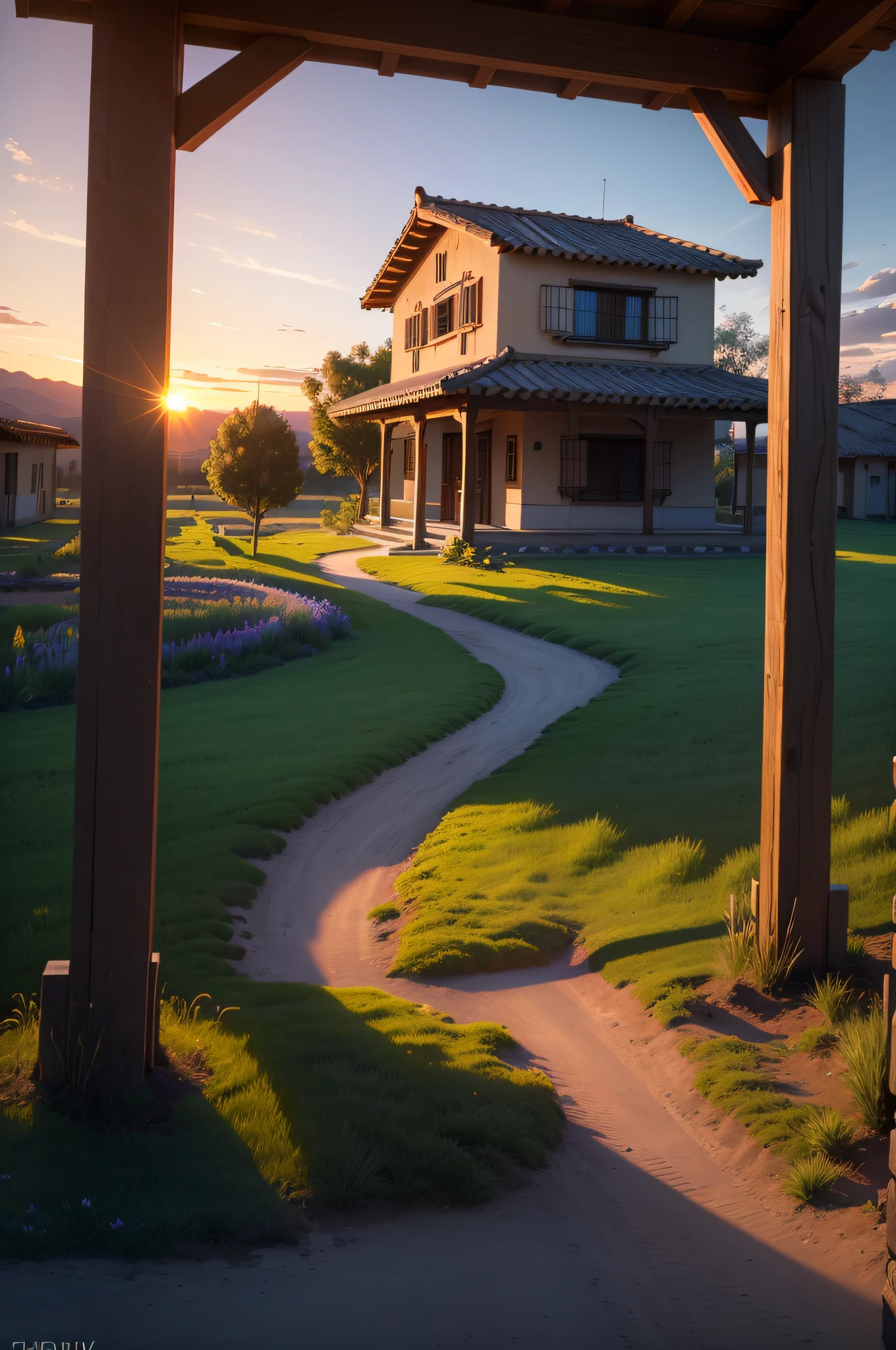 ( UHD ), ( 8K ), ( Perfect ambient lighting ), ( Cores Vivas ), ( Building the Perfect Setting ), ( Textura Real ), Campo florido, cheio de flores, campo enorme, Beautiful view of the sunset.