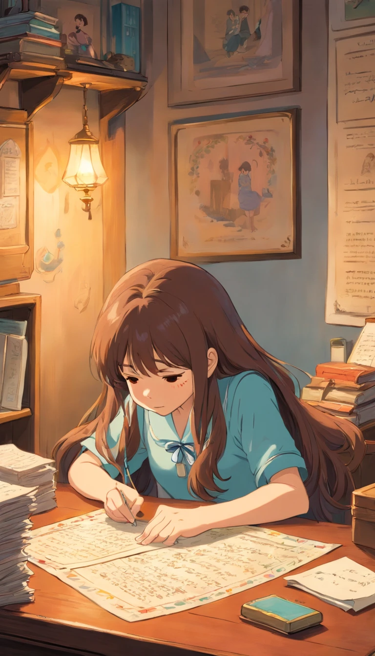 a girl with long brown hair reads a letter and crying with no pencil on her hand at her room
