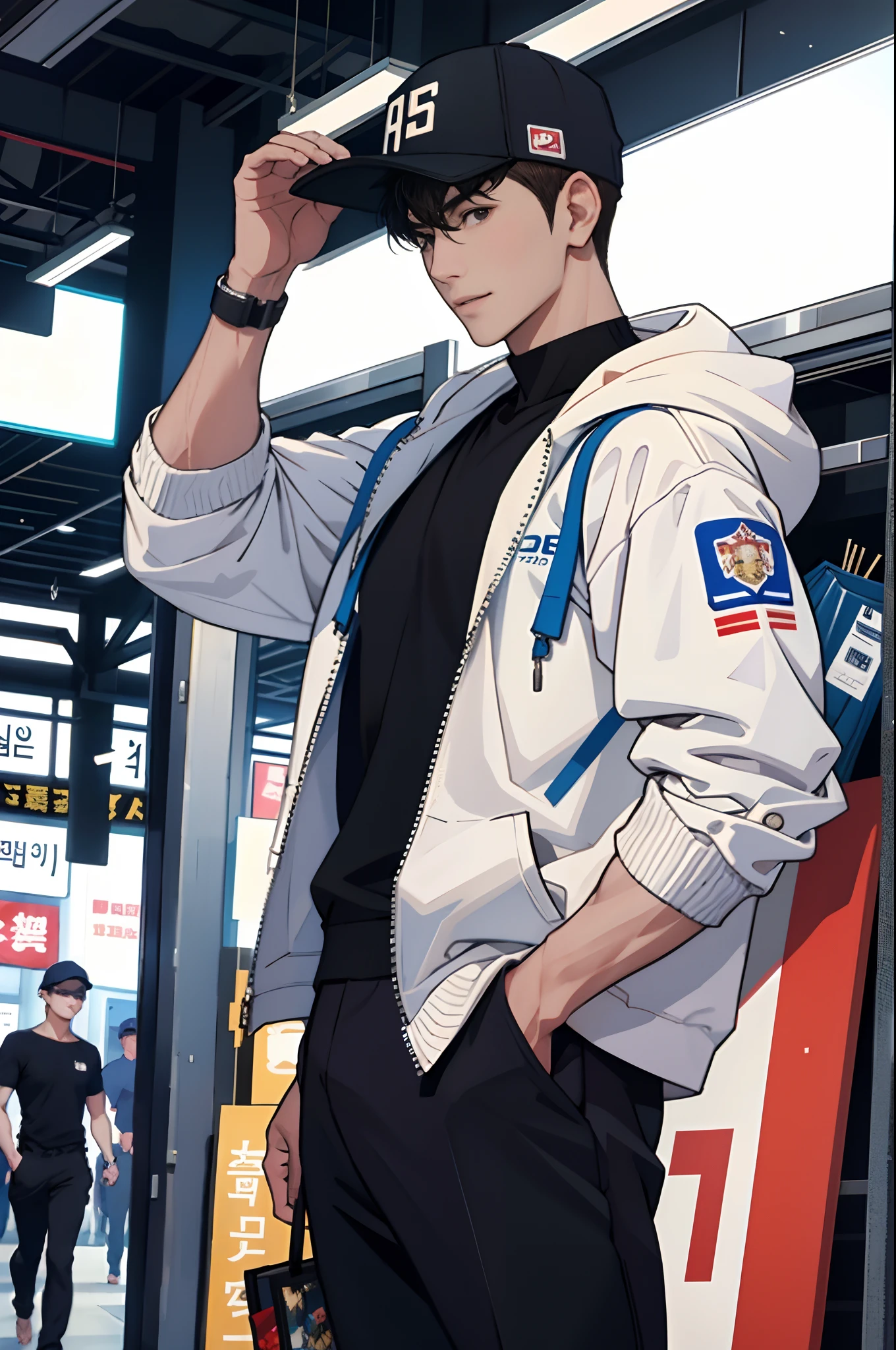 (tmasterpiece,超高分辨率,16k UHD,high qulity),low tune,commute,ads,tvp,standing on your feet,looking at viewert,tmasterpiece,pretty, Strong, musculature, department store,sitted,(Upright brown super short hair),Black eyes,Turn to the back,ssmile,vogue, Korean fashion, Seoul,(small heads),Precise anatomy,sports club, Precise hand structure, espadrilles, Casual Fashion, wristwatch, Hoodies, baseball cap,Unity 16K wallpaper,concept-art,One guy,8K eyes,(((Mature male))),(short detailed hair),Work pants,(photorealiscic face:1.8),broad shoulder,slips,(full bodyesbian:1.6),Male 24,