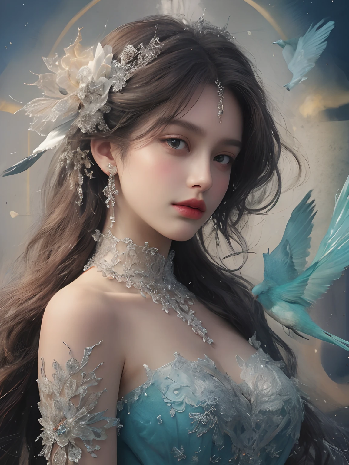 1girl,solo,Loose waves with center part ,gigantic breasts, full body, A regal military officer uniform for a princess featuring gold-trimmed epaulettes and a flowing crimson cape. opal diamond, from side, gem, grey eyes, hair ornament, jewelry,