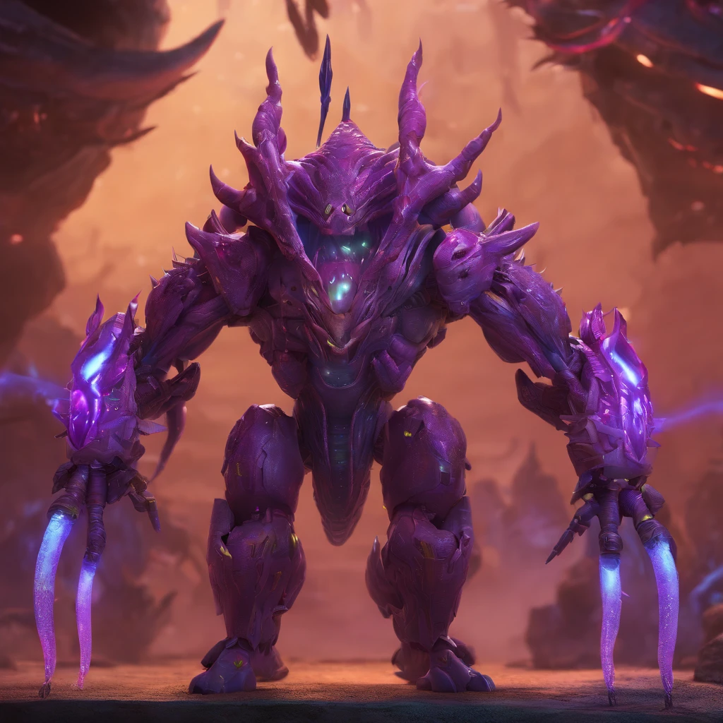 Close-up of purple thunder beast, zerg, Zerg StarCraft, A scene from the《StarCraft》, space insect android, insect like, Shogoth, changelingcore, Creature - Mecha face, Swarms of mutant organisms, zerg hydralisk, detailed maw, Alien biological weapons, nanotech demonic monster horror, detailed hot maw, Alien hive，Poisonous luminous bugs，