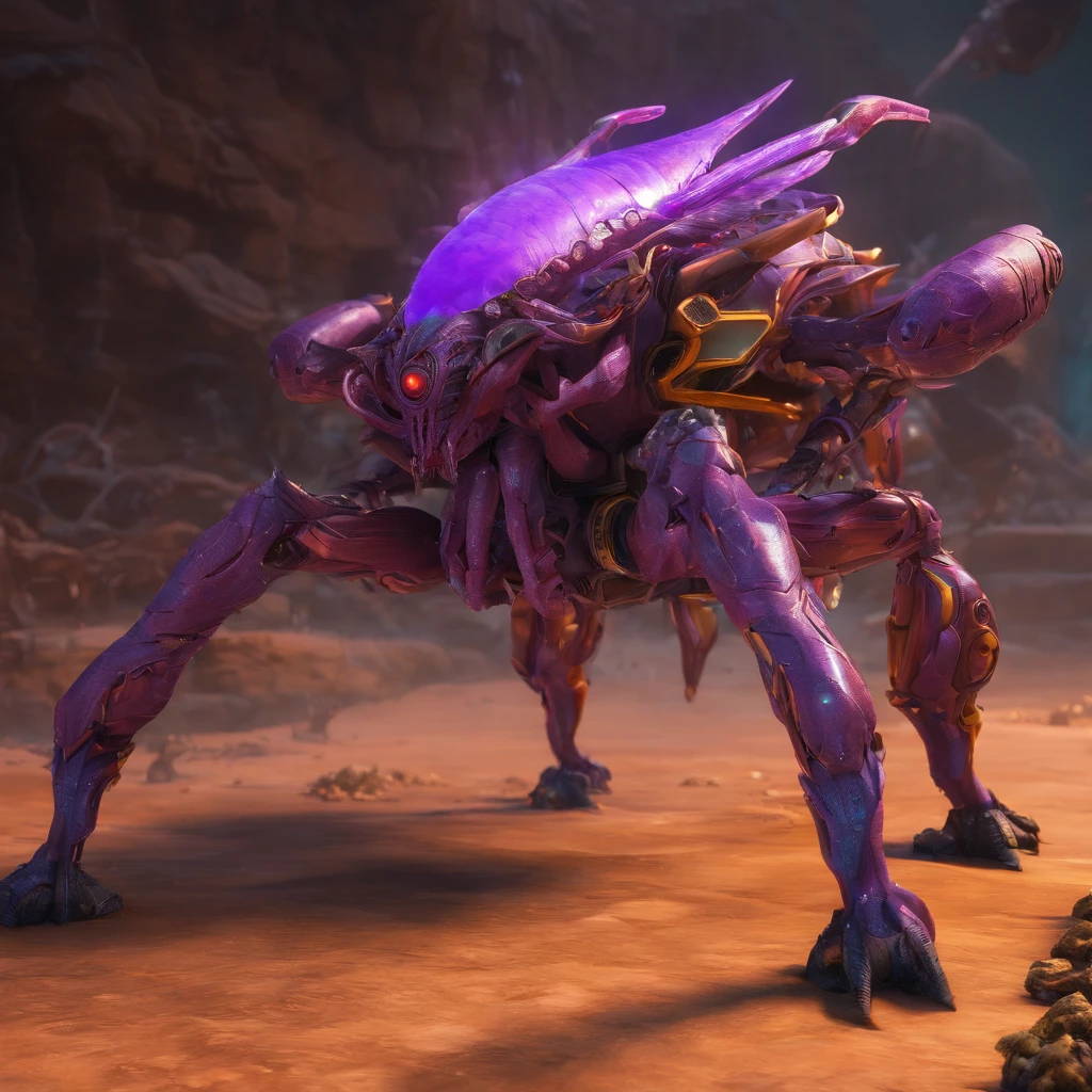 Close-up of purple thunder beast, zerg, Zerg StarCraft, A scene from the《StarCraft》, space insect android, insect like, Shogoth, changelingcore, Creature - Mecha face, Swarms of mutant organisms, zerg hydralisk, detailed maw, Alien biological weapons, nanotech demonic monster horror, detailed hot maw, Alien hive,Poisonous luminous bugs,