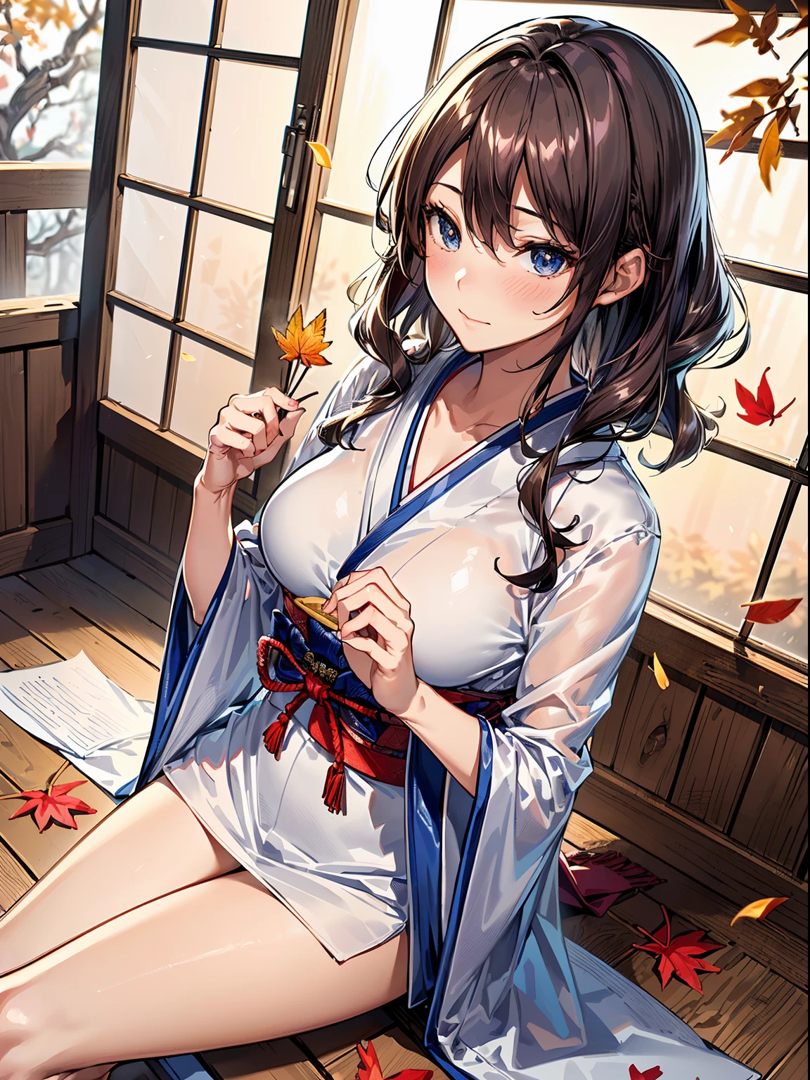 ((landscape photography:1.2, falling leaves)), A girl in Japanese clothes composes a haiku amidst the autumn leaves, ((white kimono:1.2, fine detailed, with printed flowers)), ((holding slim rectangle paper in right hand, holding Japanese writing blush in left hand:1.37)), sitting, sitting on the porch of the temple grounds, writing poem, cozy wallpaper, anime moe artstyle, kantai collection style, 4 k manga wallpaper, anime visual of a cute girl, anime wallaper, anime style 4 k, ((dark chestnut medium short hair:1.25, updo, wavy hair)), outdoor, in a Japanese classic garden, Japanese temple, fallen leaves, falling leaves, (blurry background, bokeh), (in a twilight:1.2), ((ultra high resolution, 8K RAW photo, photo realistics:1.2)), fine detailed face, beautiful detailed eyes, ultra detailed smooth skin, (looking away, with weak smiling:1.2), ((sfw:1.37)), (correct anatomy:1.5), (dynamic angle:1.1, dutch angle:1.2, wide shot:1.3),