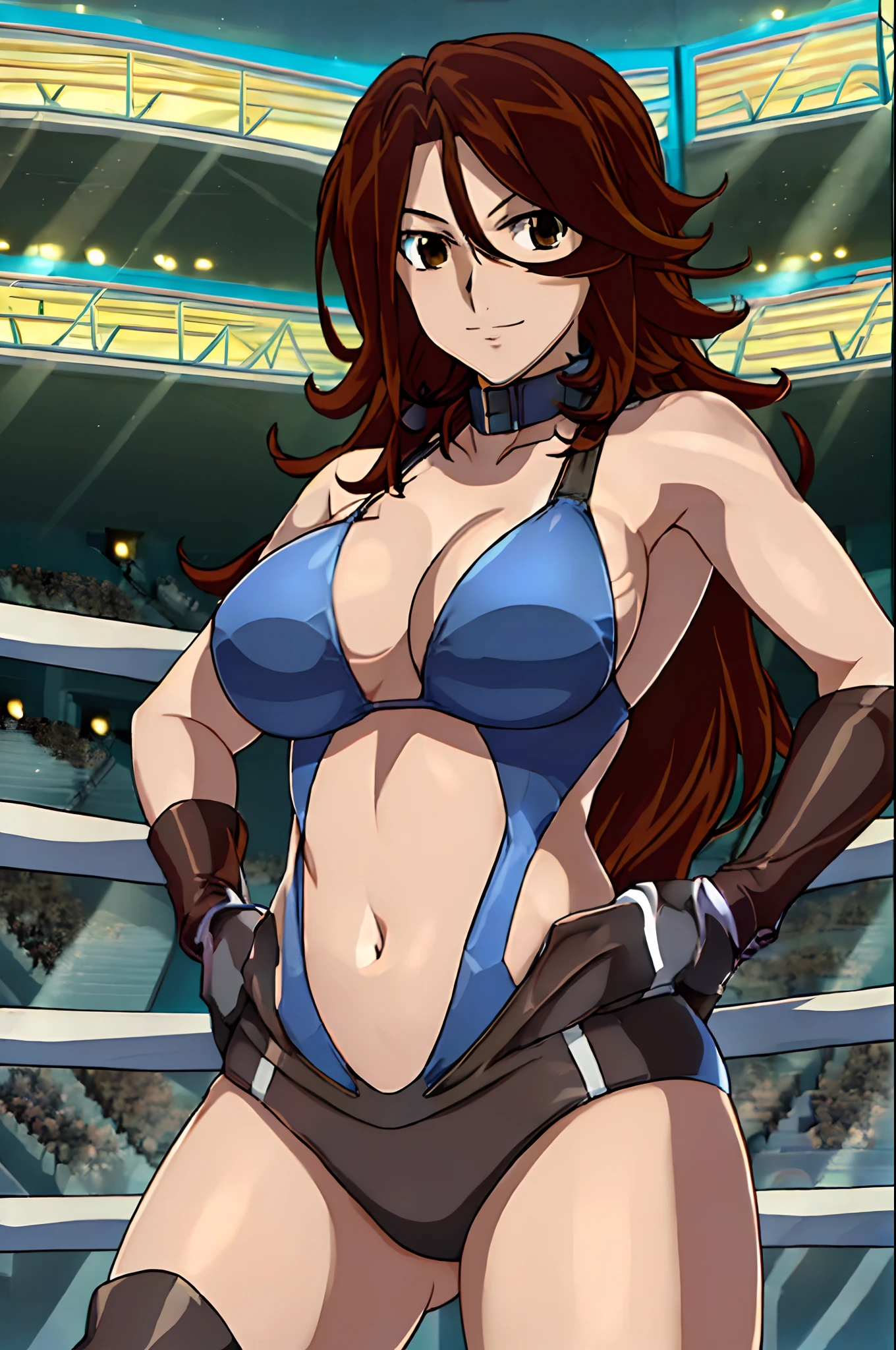 cowboy shot, upper body view, anime style: 1.8, anime drawing, ultra detailed face, ultra detailed body, 4k, Sumergai Lee Noriega, (standing, hands on hips), best quality, anime style, hires, highest definition, digital blending, bold drawing lines, ((slender body, female wrestler), (location: wrestling arena, crowds watching), (slender body, broad shoulders), mature woman, ((black wrestling gear: bikini, boots, gloves, collar band, black bikini)), victorious, gorgeous, winner, smile, (pale skin), (big breasts), (big eyes, brown eyes), (warming up), (brown, long hair), 27 years old,