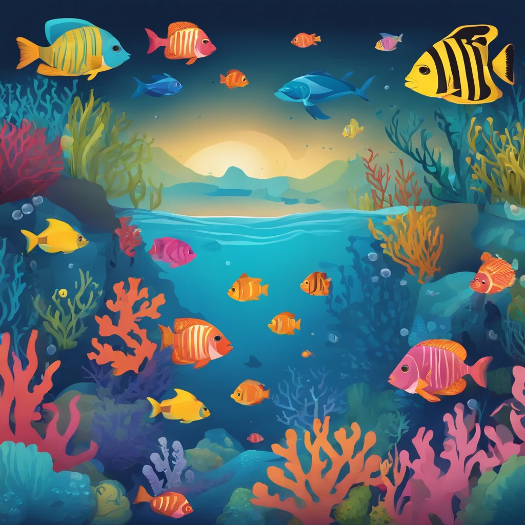 simple, vector, 4k, cheerful, flat background, illustration, under water, sea, kids background, colorful, reef, flat color, fish, seamless