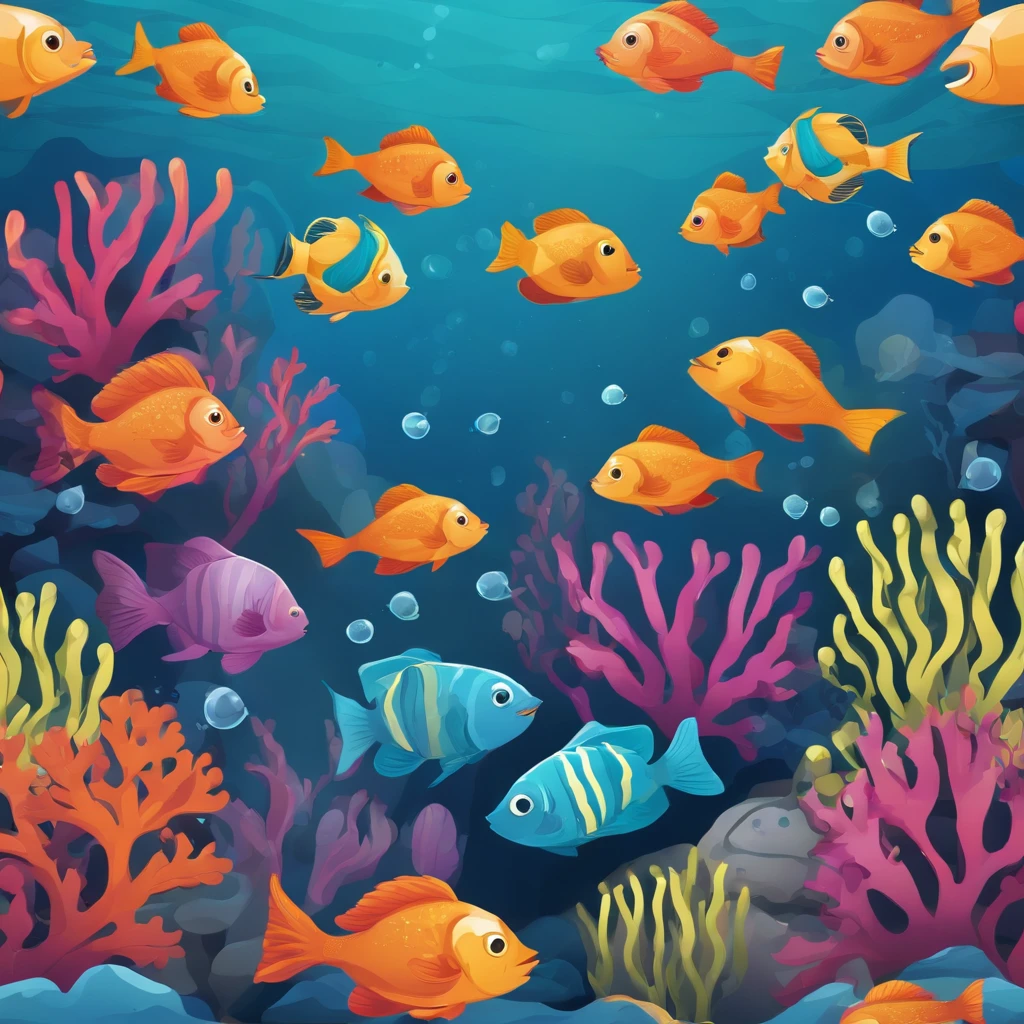 simple, vector, 4k, cheerful, flat background, illustration, under water, sea, kids background, colorful, reef, flat color, fish, seamless