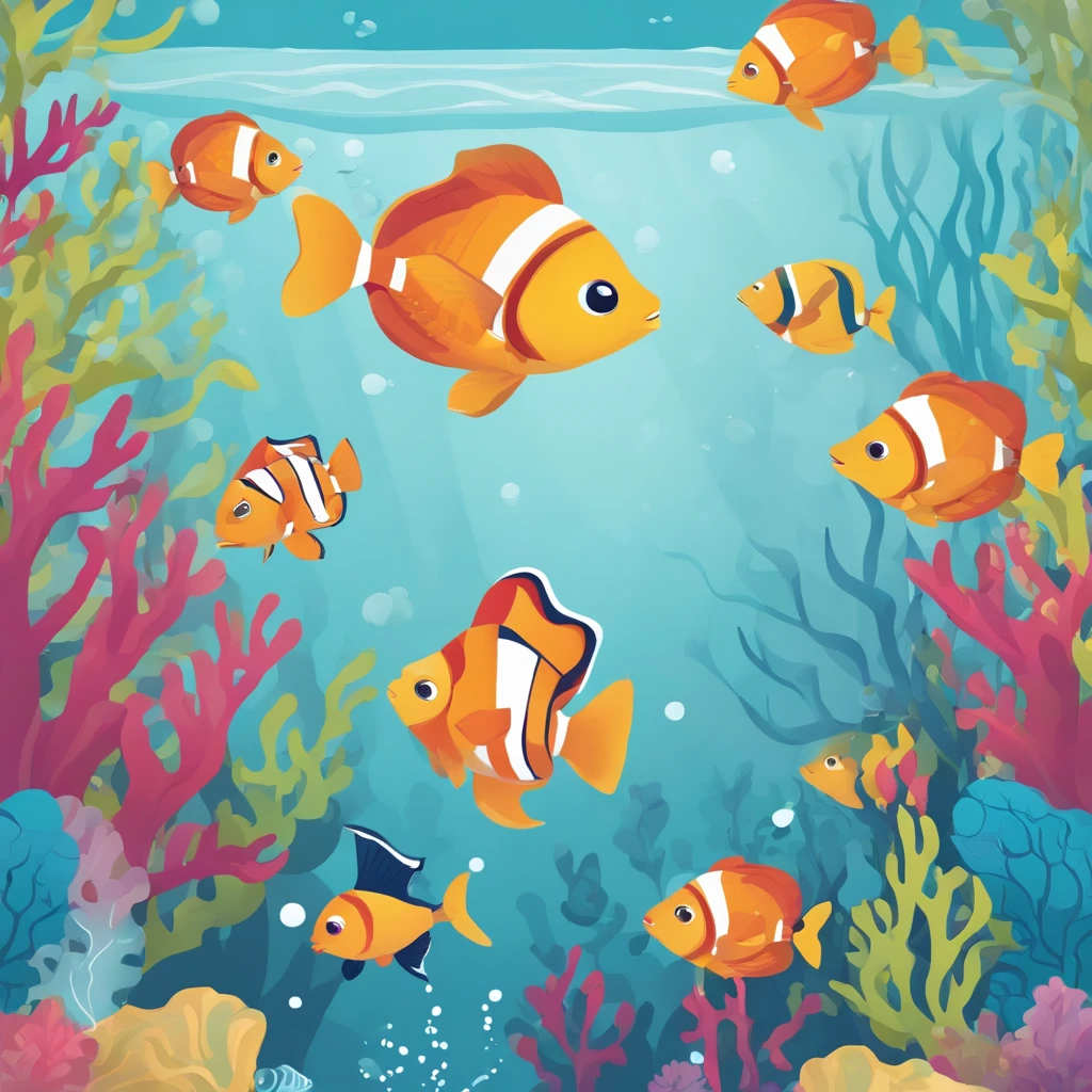 simple, vector, 4k, cheerful, flat background, illustration, under water, sea, kids background, colorful, reef, flat color, fish, seamless