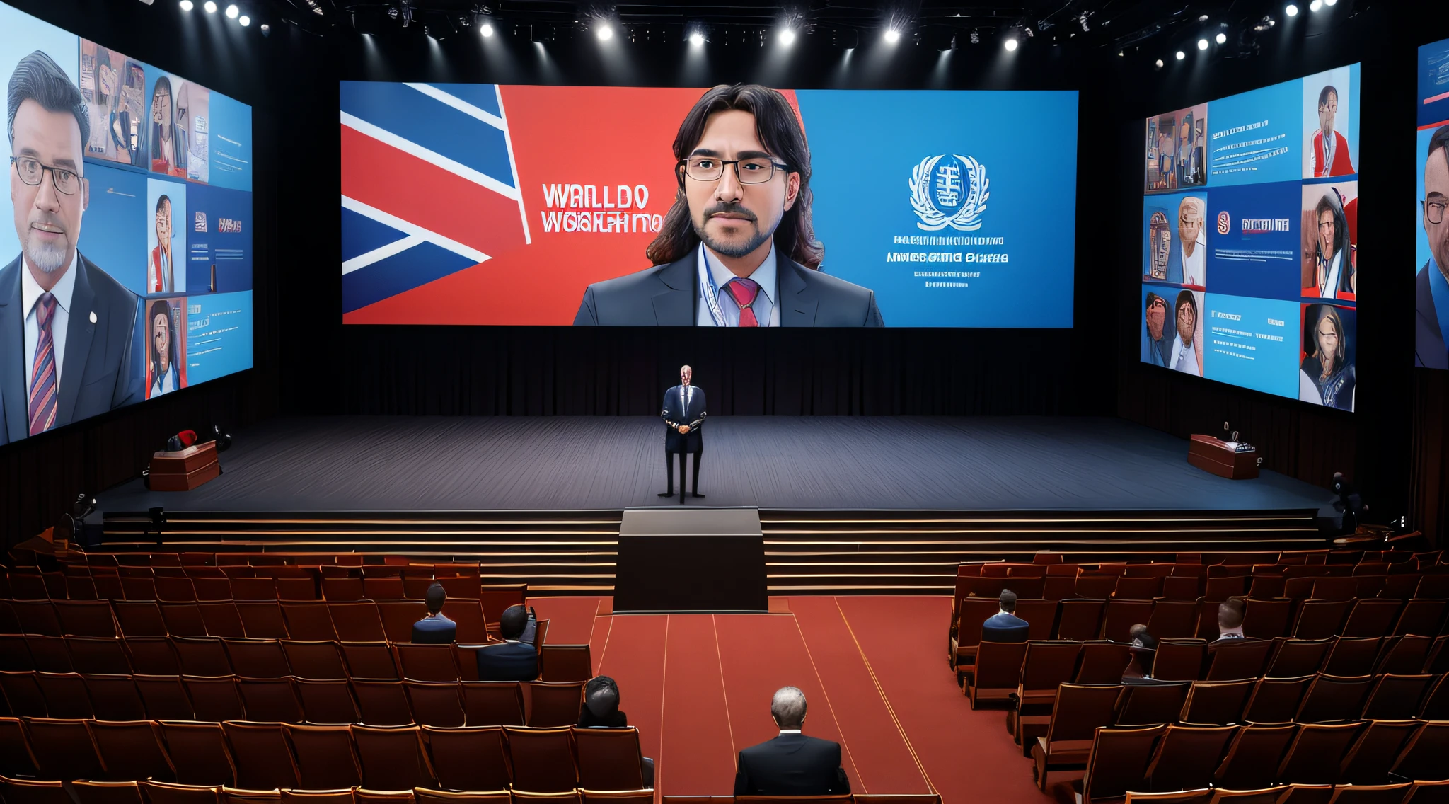 (highres,realistic:1.2),portrait,Director General of the World Health Organization addressing the public,welcoming speech,confident posture,distinguished appearance,professional setting,official suit,serious expression,well-groomed hair,large audience,stage spotlight,World Health Organization logo in the background,bright and warm lighting,international flags,modern microphone,presentation slides on a big screen,attentive audience,applauding crowd,engaged and interested faces,professional videography,crisp clear audio,high-definition video recording