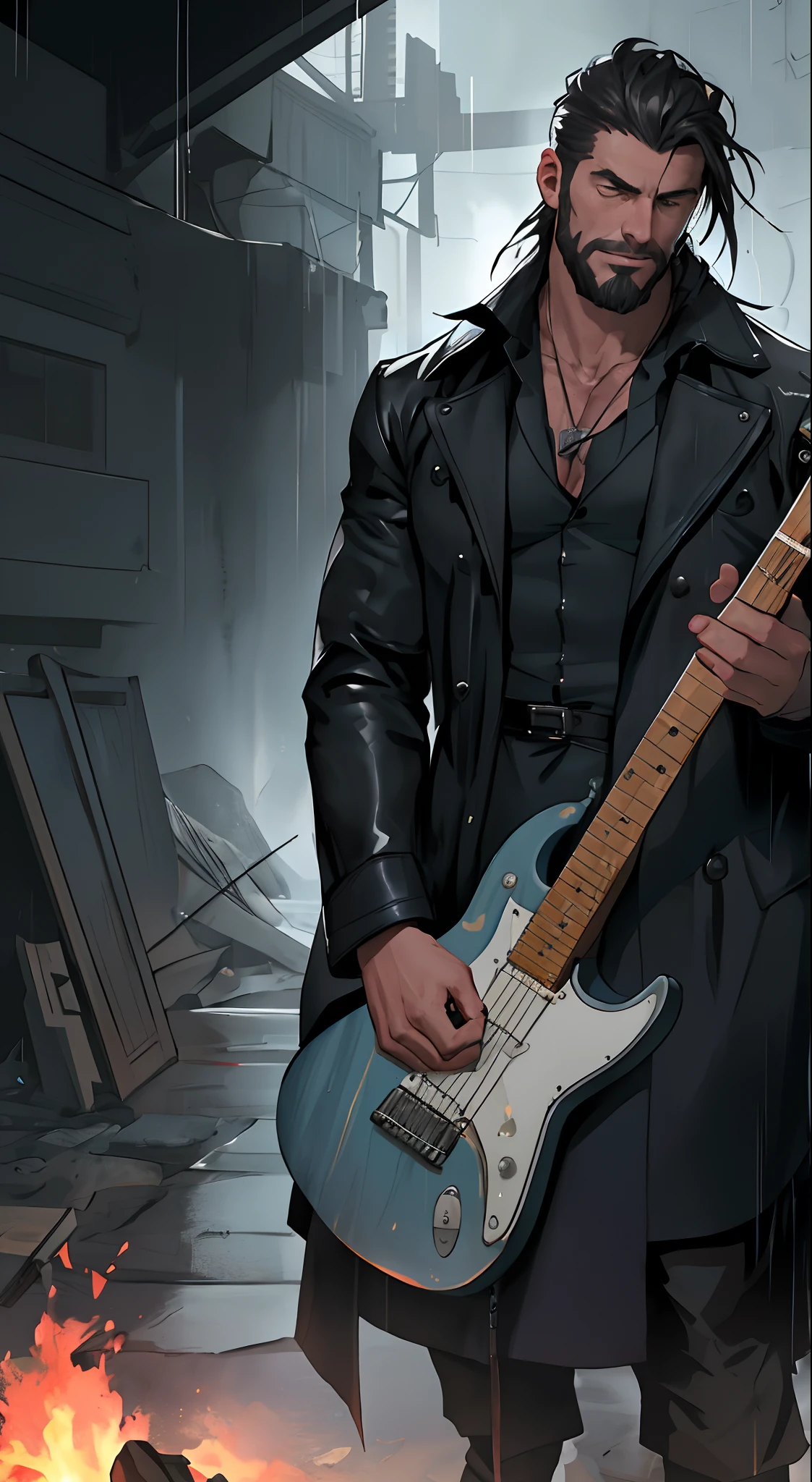 There is a man playing the electric guitar on room of ruin, it rains and smoky, midnight blue neon fog, broken glass flame, bonfire of drums are there, he gets wet on the rain, droplets, gigachad muscles, wearing a shoulder-padded black trench coat, wearing black dress shirt as inner, muscular men , male art, Eric Clapton, Commission for high resolution, Very heavy vignette!!!,hard ,Nothing is worn, slight laugh,veiny muscles,,shaggy lumpy body,Silver Plate Tag Necklace,Dad with extreme muscle mass,Black little long shaved side hair,Cropped beard face, little laugh, Around 50 years old,tanned brown skin,ultra-detailliert,High quality,Realistic and smooth skin texture,Photorealistic Dandy Guy,Light and shadow