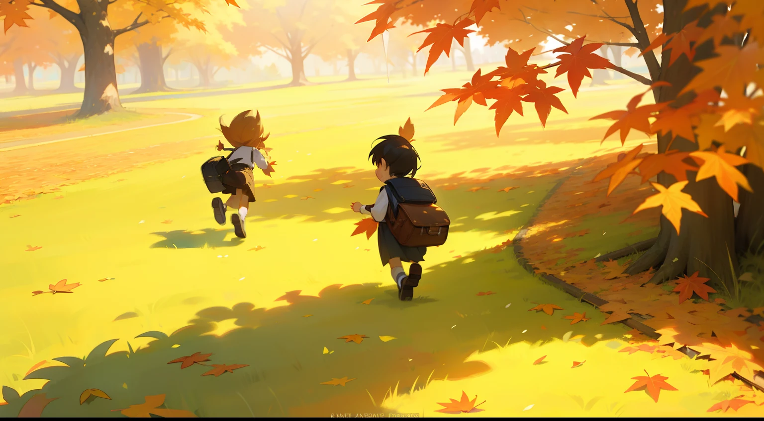 Autumn, Maple leaves, Grass, Sunshine, A runs on the grass with a school bag, 8K, Disney style, Sunny, Perfectcomposition, rich details, rich background