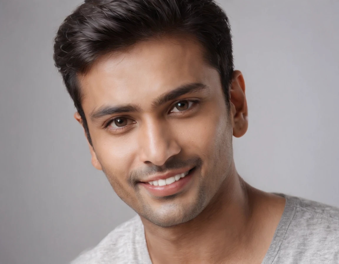 ((Indian man)), (Indian man), (Photo: 1.3) af (photorealism: 1.3), frontal close-up, soft light, clear face, happy, cheerful, warm light, white T-shirt, ( Gray and white background), (blank background), (gray wall background) avatar, (short hair), smile, short hair, smile, (close-up)