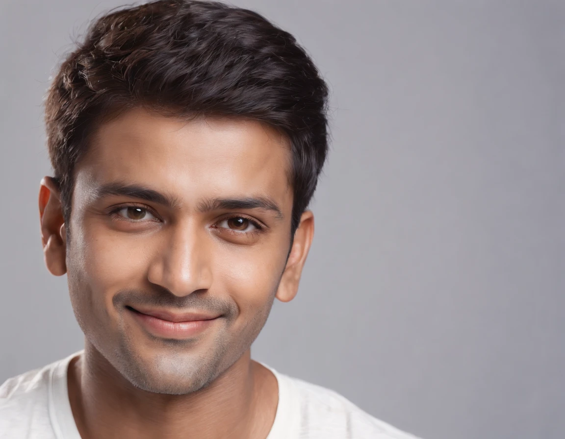 ((Indian man)), (Indian man), (Photo: 1.3) af (photorealism: 1.3), frontal close-up, soft light, clear face, happy, cheerful, warm light, white T-shirt, ( Gray and white background), (blank background), (gray wall background) avatar, (short hair), smile, short hair, smile, (close-up)