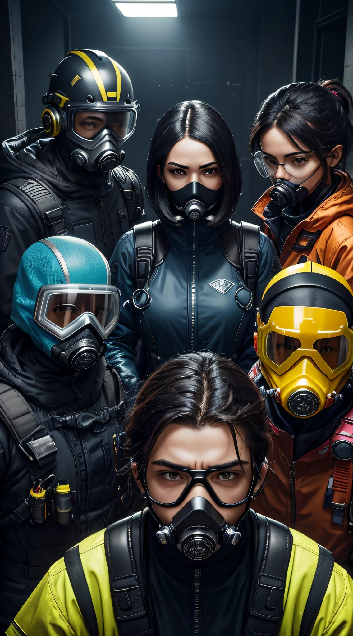 (a group of people wearing different forms of protective gear: masks, gloves, goggles, and hazmat suits), vibrant colors, professional, ultra-detailed, realistic, studio lighting, diverse individuals, indoor setting, intense lighting, vivid colors, medical masks, protective goggles, disposable gloves, full-face respirators, hazmat suits, focused expressions, wide range of poses, meticulous attention to detail, high-contrast lighting, dynamic composition, vibrant colors, dramatic shadows, realistic texture, facial features, body language, important facial expressions, atmospheric lighting, clean lines & sharp focus, authentic depiction, careful attention to lighting dynamics, intricate designs, sleek aesthetics, authentic portrayals, high-res imagery, dynamic angles, attention to background elements, detailed props, subtle complexities.