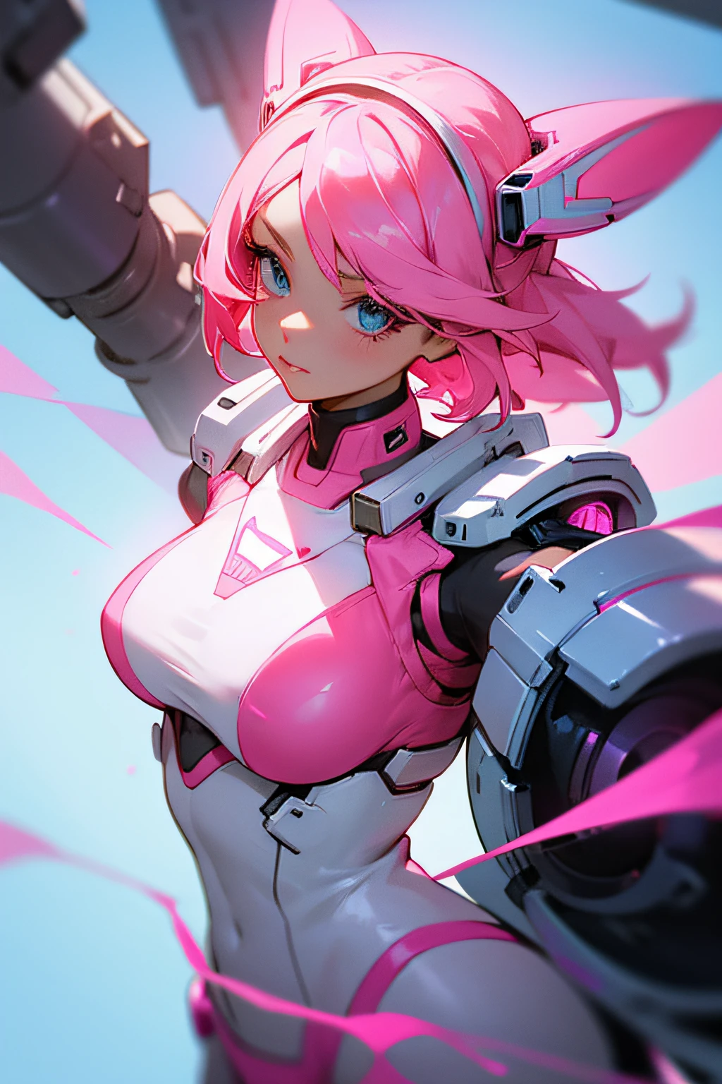 A woman wearing a pink and white sci-fi outfit, and a piece of glass over her eyes, like a visor, she also has pink hair.