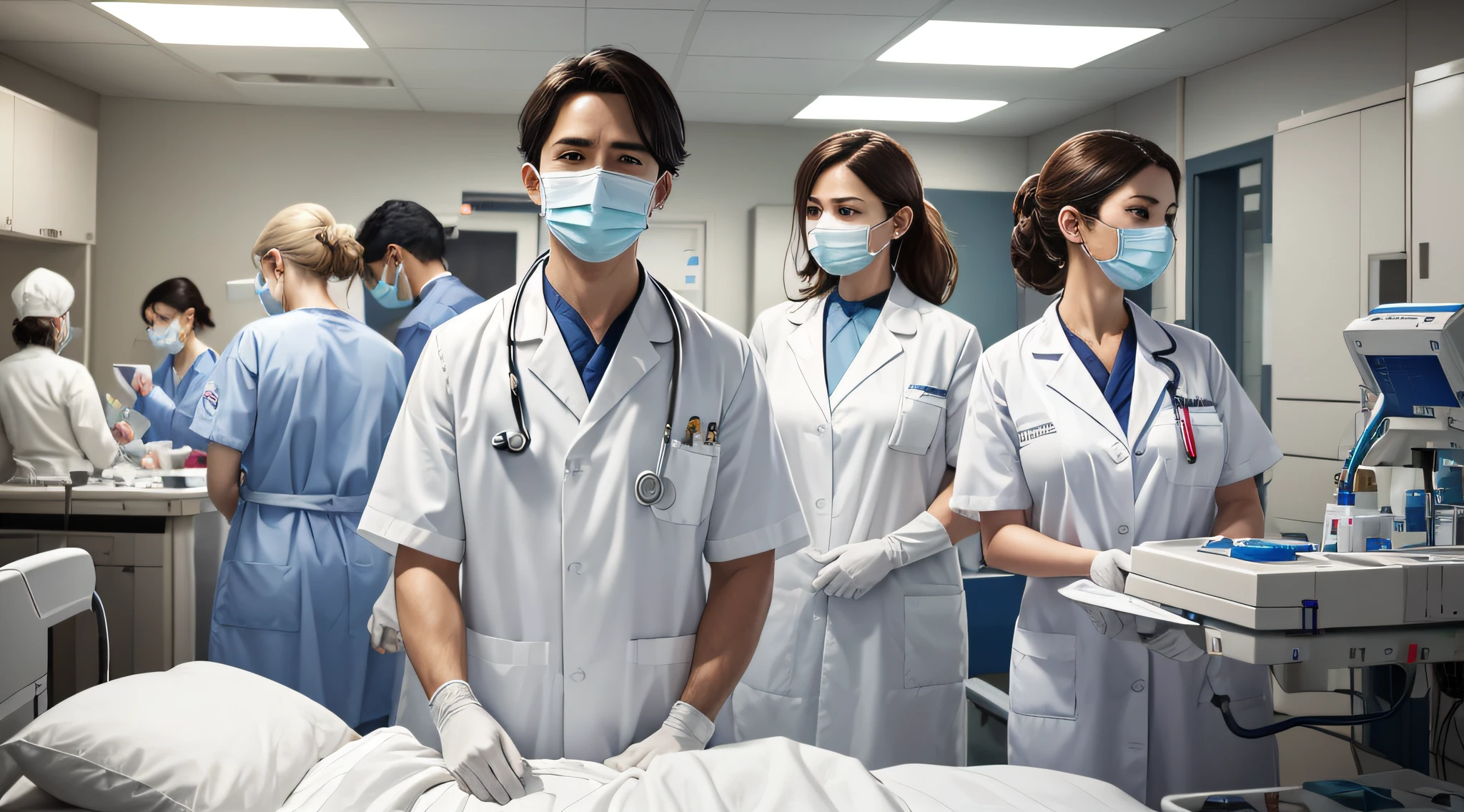 (best quality,highres,masterpiece:1.2),photorealistic,frontline healthcare workers,hospital scene,stethoscope,masks and gloves,protective suits,resilient expressions,dedicated doctors and nurses,teamwork,medical equipment,emergency room,life-saving actions,intense focus,chaotic but controlled environment,exhausted faces,heroic efforts,brave medical professionals,high-pressure situations,tireless dedication,white lab coats,brightly lit operating room,sterile environment,critical care,mobile ICU units,lifesaving interventions,patient monitoring,compassionate care,life support systems,emergency medical services,vaccination site,immaculate sanitary measures,patient recovery,thanking healthcare heroes,medical breakthroughs,medical research advancements,overcoming challenges,unyielding commitment,protecting lives,flourishing hope for the future.