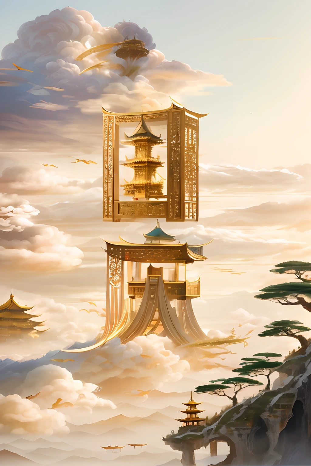 There is a bird sitting on a table in the sky, chinese surrealism, Chinese fantasy, flying cloud castle, lying a throne in a fantasy land, tall golden heavenly gates, surreal concept art, digital painting of a pagoda, feng zhu |, Cloud Palace, inspired by Brian Despain, author:Qu Leilei, author:Julian