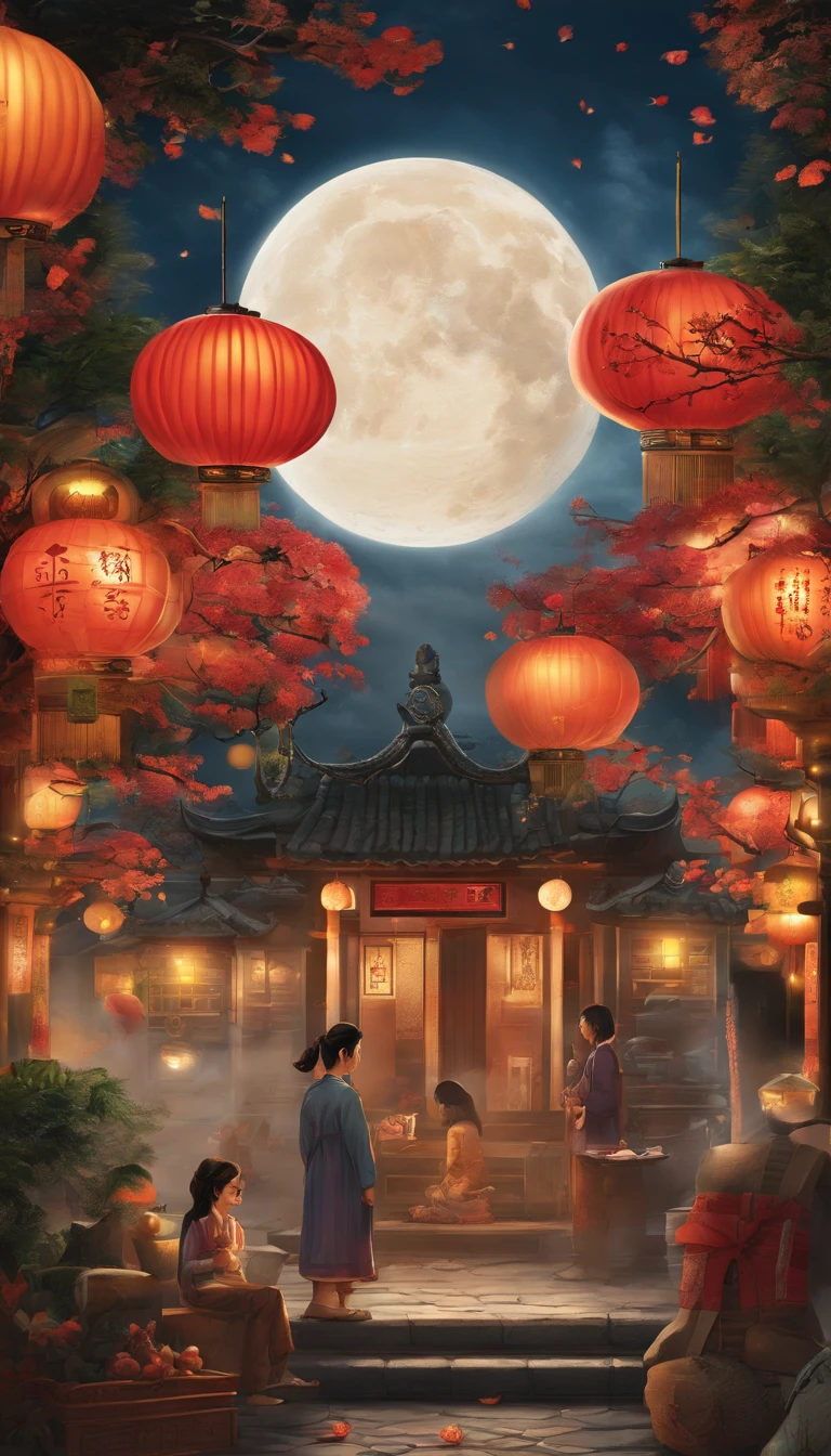 The family sits together, Enjoy a festive dinner, Surrounded by a warm and comfortable atmosphere. The room was beautifully decorated,Equipped with lanterns, Symbolizes the joy of the Mid-Autumn Festival. The table is filled with a variety of delicacies, Includes traditional mooncakes. Moonlight shone through the windows, Cast a soft glow on everyone's face. The family smiled and talked, Express their love and happiness on this special occasion. The artwork is created with the finest materials, Such as oil painting or high-resolution digital rendering, Ensure the highest quality and detail. The colors are vivid and vibrant, Create visually stunning representations for holiday celebrations. Well designed lighting, Focus on capturing the warm and tranquil atmosphere of the evening. The artwork is a masterpiece, With ultra-fine elements and realistic, Photorealistic style. The moon in the night sky is depicted as a perfect circle, Represents the full moon of the Mid-Autumn Festival. The scene was full of fun, Love, and togetherness, Capture the essence of the festival.
