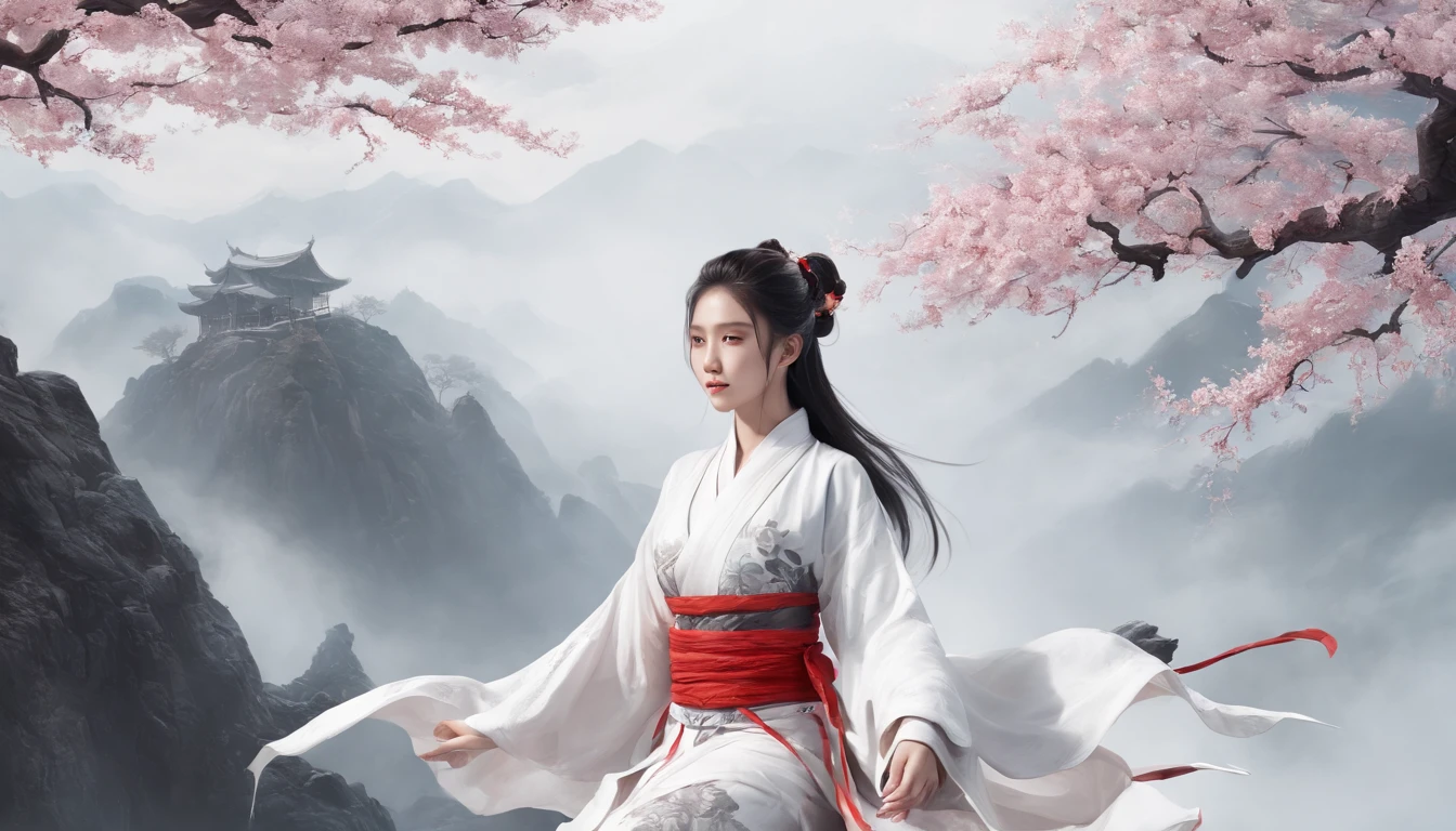 Luna Freya Knox Frey,动态照明,art stations,poster for,Volumetriclighting,Very detailed faces,4k wallpapers,He has a delicate and beautiful face,long hair flowing,horse tailed,Fringed Hair Ornament,Dynamic perspective,White Hanfu,White gauze flying,red waistband,Sexy,Tradition Chinese Ink Painting,Surrounded by clouds,cherry blossom,fog atmosphere,Ride a white dragon,White dragon horn,dynamic viewing angle,电影灯光