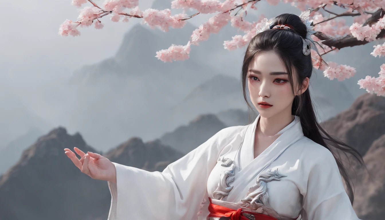 Luna Freya Knox Frey,动态照明,art stations,poster for,Volumetriclighting,Very detailed faces,4k wallpapers,He has a delicate and beautiful face,long hair flowing,horse tailed,Fringed Hair Ornament,Dynamic perspective,White Hanfu,White gauze flying,red waistband,Sexy,Tradition Chinese Ink Painting,Surrounded by clouds,cherry blossom,fog atmosphere,Ride a white dragon,White dragon horn,dynamic viewing angle,电影灯光