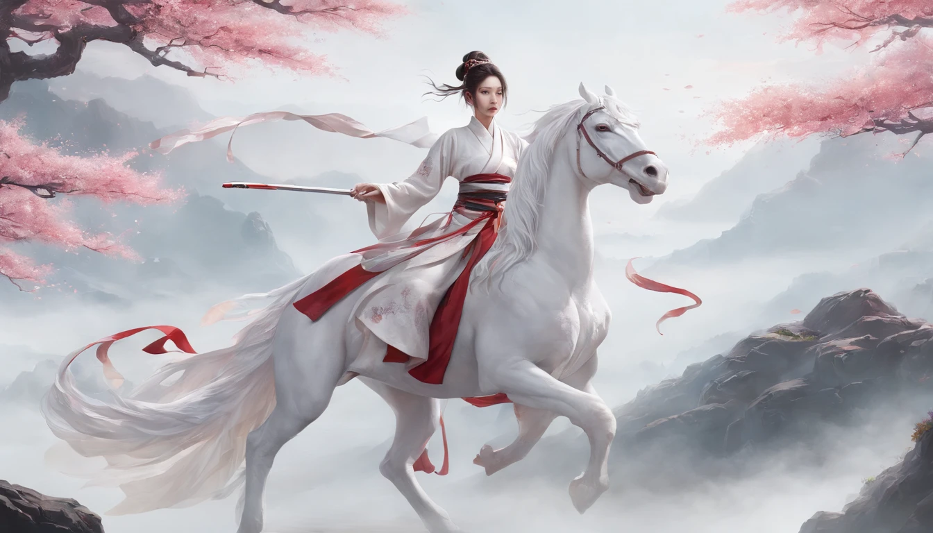 Luna Freya Knox Frey,动态照明,art stations,poster for,Volumetriclighting,Very detailed faces,4k wallpapers,He has a delicate and beautiful face,long hair flowing,horse tailed,Fringed Hair Ornament,Dynamic perspective,White Hanfu,White gauze flying,red waistband,Sexy,Tradition Chinese Ink Painting,Surrounded by clouds,cherry blossom,fog atmosphere,Ride a white dragon,White dragon horn,dynamic viewing angle,电影灯光