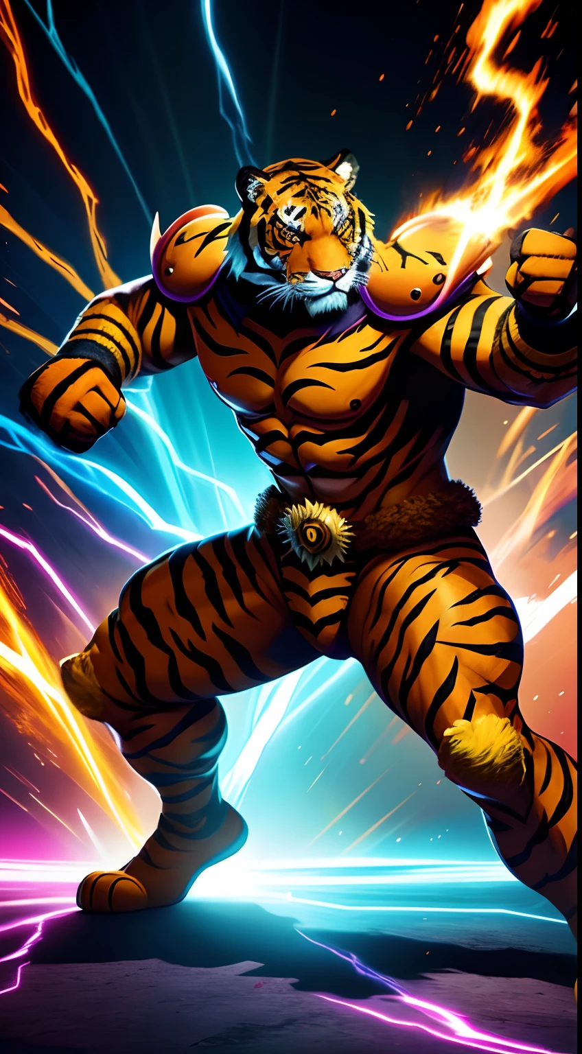 tiger mask creature, animated, fantasy colors, fighting pose, full body, magic energy background, masterpiece, ultra high details
