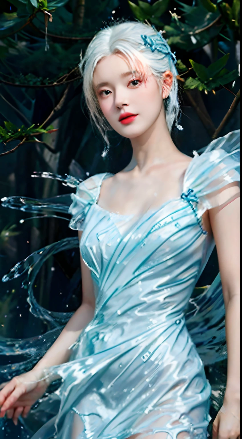 (masterpiece, best quality:1.2), 8k, 85mm, raw photo, absurdres, white and cyan theme, (liquid clothes, liquid dress:1.4), white hair, gradient dress, delicate girl, upper body, big boob, close up face, shiny skin, teen, looking at viewer, HDR, sharp focus, particle, twilight sky, detailed eyes and face, white hair, simple background