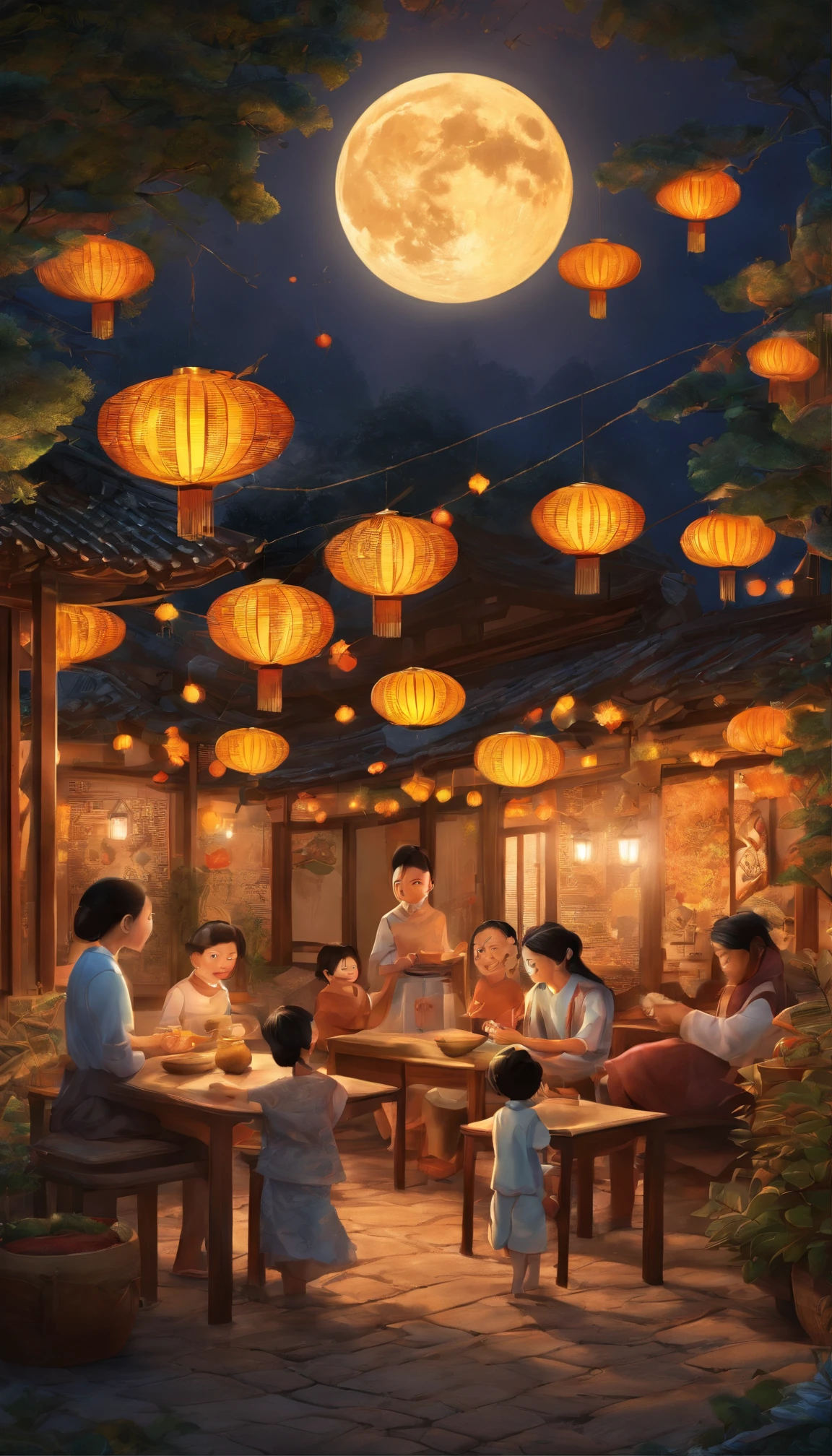 The family sits together, Enjoy a festive dinner, Surrounded by a warm and comfortable atmosphere. The room was beautifully decorated,Equipped with lanterns, Symbolizes the joy of the Mid-Autumn Festival. The table is filled with a variety of delicacies, Includes traditional mooncakes. Moonlight shone through the windows, Cast a soft glow on everyone's face. The family smiled and talked, Express their love and happiness on this special occasion. The artwork is created with the finest materials, Such as oil painting or high-resolution digital rendering, Ensure the highest quality and detail. The colors are vivid and vibrant, Create visually stunning representations for holiday celebrations. Well designed lighting, Focus on capturing the warm and tranquil atmosphere of the evening. The artwork is a masterpiece, With ultra-fine elements and realistic, Photorealistic style. The moon in the night sky is depicted as a perfect circle, Represents the full moon of the Mid-Autumn Festival. The scene was full of fun, Love, and togetherness, Capture the essence of the festival.