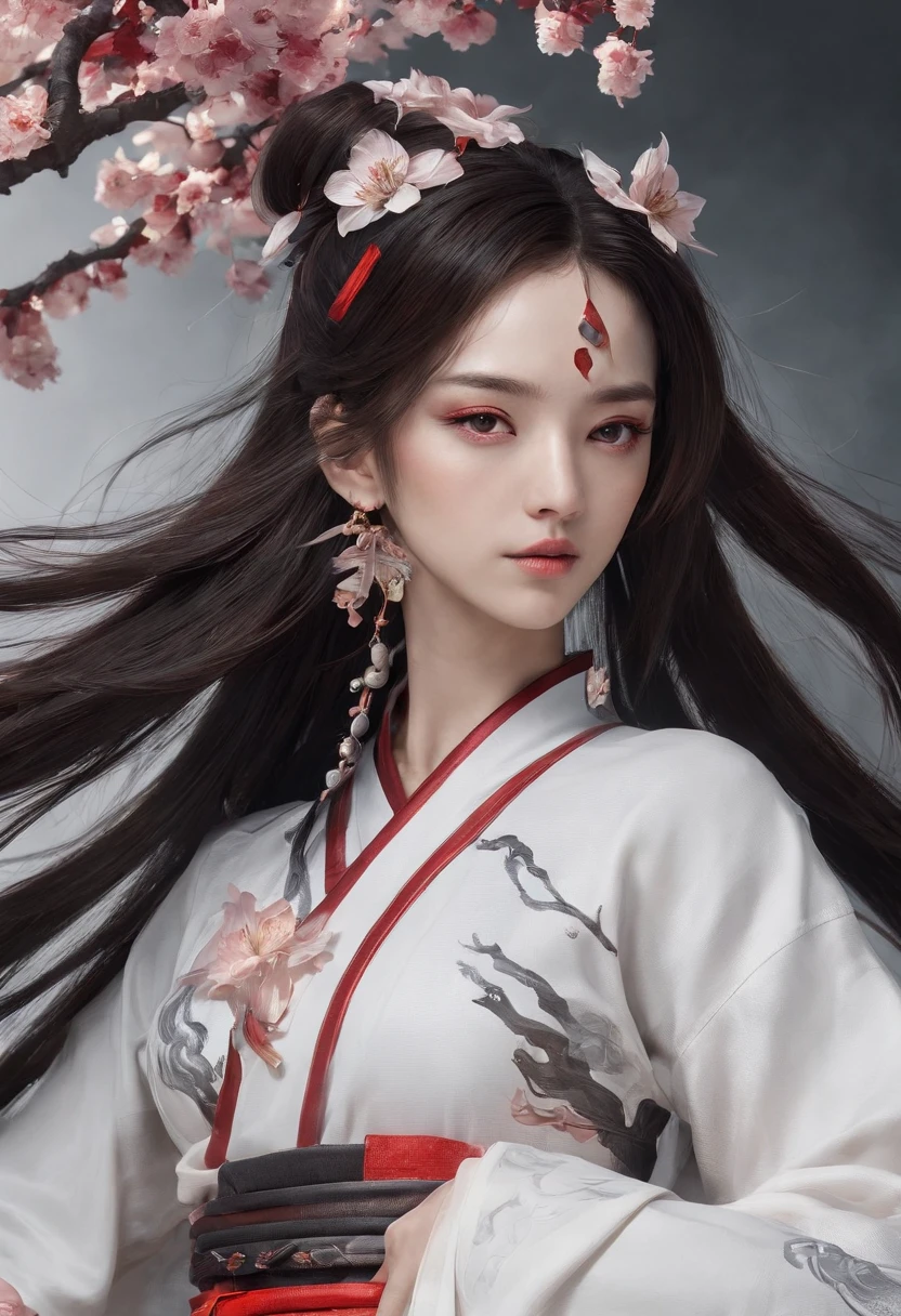 Luna Freya Knox Frey,High-tech dragon knight mech,mechanically aesthetic,Virtual Engine 5,rendering by octane,hyper HD,动态照明,art stations,poster for,Volumetriclighting,Very detailed faces,4k wallpapers,He has a delicate and beautiful face,long hair flowing,horse tailed,Fringed Hair Ornament,Dynamic perspective,White Hanfu,White gauze flying,red waistband,Sexy,Tradition Chinese Ink Painting,Surrounded by clouds,cherry blossom,fog atmosphere,Ride a white dragon,White dragon horn,dynamic viewing angle,电影灯光