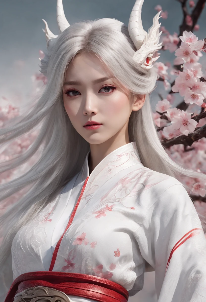 Luna Freya Knox Frey，High-tech dragon knight mech，mechanically aesthetic，Virtual Engine 5，rendering by octane，hyper HD，动态照明，art  stations，poster for，Volumetriclighting，Very detailed faces，4k wallpapers，He has a delicate and beautiful face，long hair flowing，horse tailed，Fringed Hair Ornament，Dynamic perspective，White Hanfu，White gauze flying，red waistband，Sexy，Tradition Chinese Ink Painting，Surrounded by clouds，cherry blossom，fog atmosphere，Ride a white dragon，White dragon horn，dynamic viewing angle，电影灯光