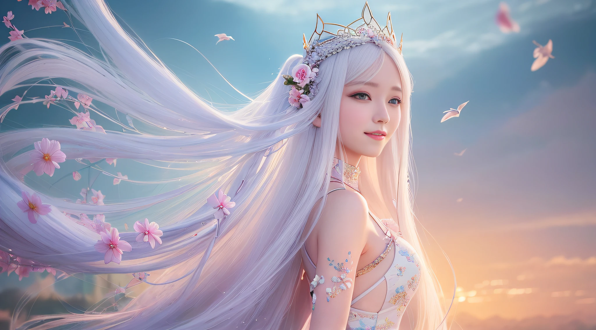 ( smiling fine silk transparent looking backwards)) Girl with long white hair and dress with flowers, digital art inspired by Ai Xuan, trend in CG society, fantasy art, (((beautiful fantasy queen)), ethereal beauty, beautiful fantasy queen, 8k high quality detail art, beautiful fantasy anime, ethereal fantasy, beautiful young wind spirit, guweiz, cgstation trend