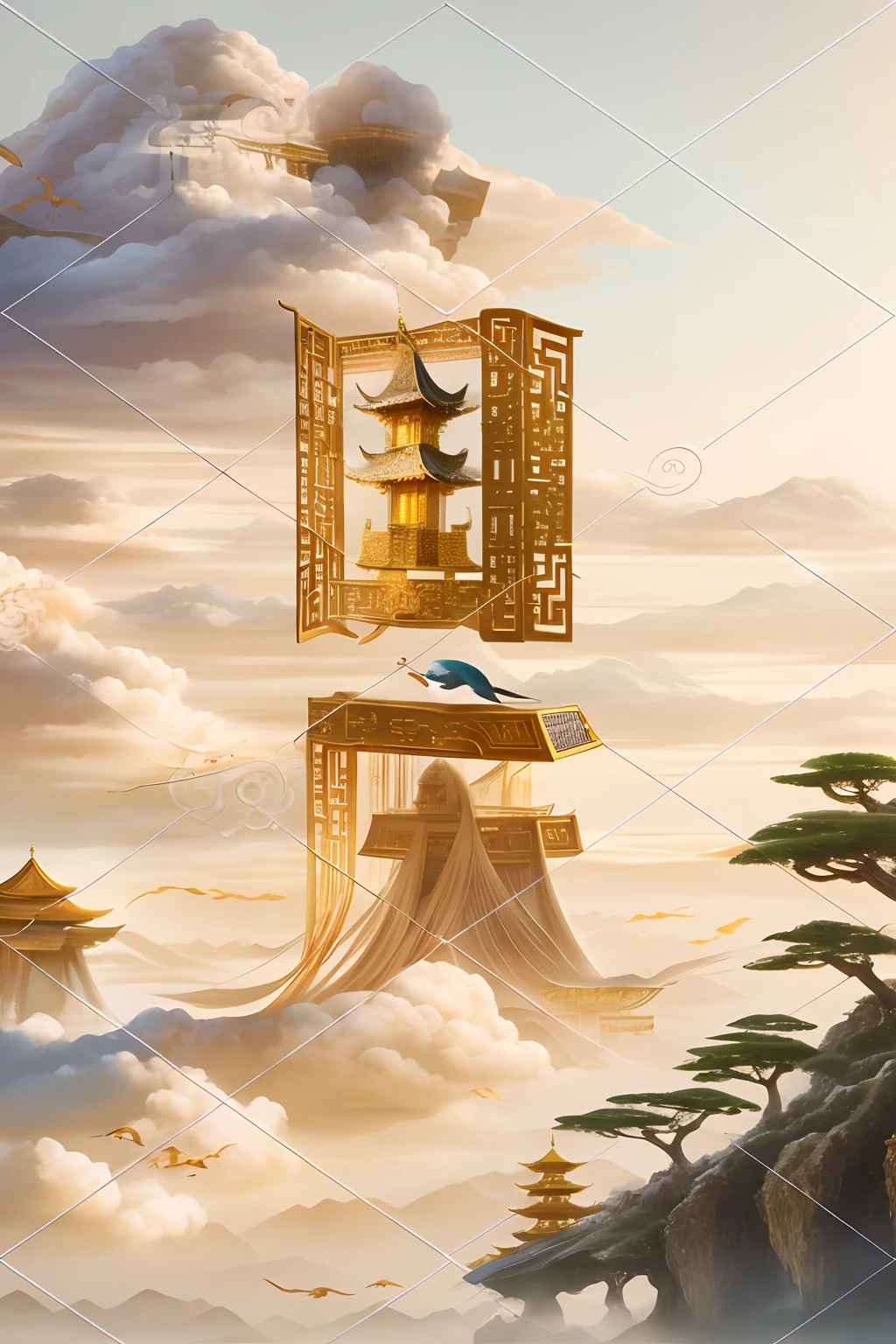 There is a bird sitting on a book in the sky, Chinese fantasy, A beautiful artwork illustration, chinese surrealism, tall golden heavenly gates, flying cloud castle, lying a throne in a fantasy land, lie on white clouds fairyland, dreamland of chinese, digital painting of a pagoda, fantasy book illustration, Cloud Palace, surreal concept art, stuning fantasy 3 d render